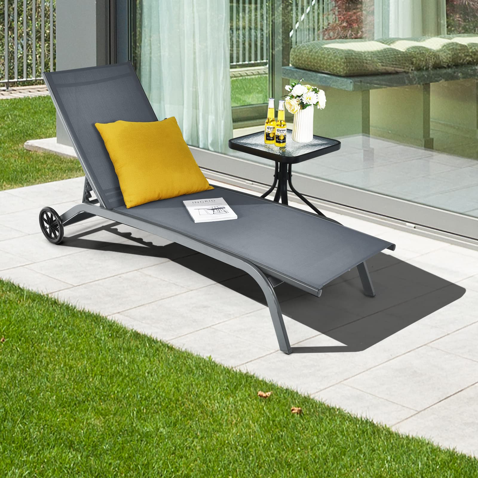 GIANTEX Sonnenliege, Gartenliege mit Rollen, Liegestuhl mit 6-Fach Verstellbarer Rückenlehne, Outdoor Liege für Garten, Balkon & Pool, belastbar bis 150kg, 191 x 61 cm (ohne Sonnendach, Grau)