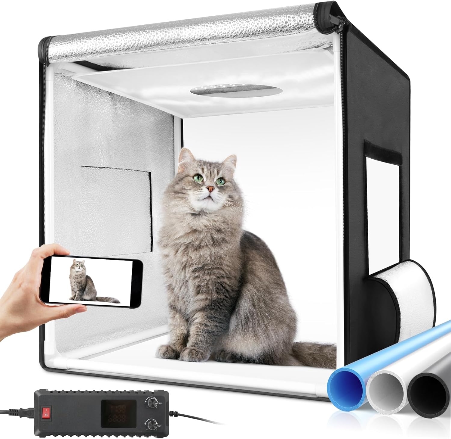 Bi-Color LED Photo Light Box 40x40 inch, Dimmable LEDs Product Photography Lighting Tent with High CRI>98, 3 Colors Backdrops for Large Products Portraits Fashion Clothing Shoes