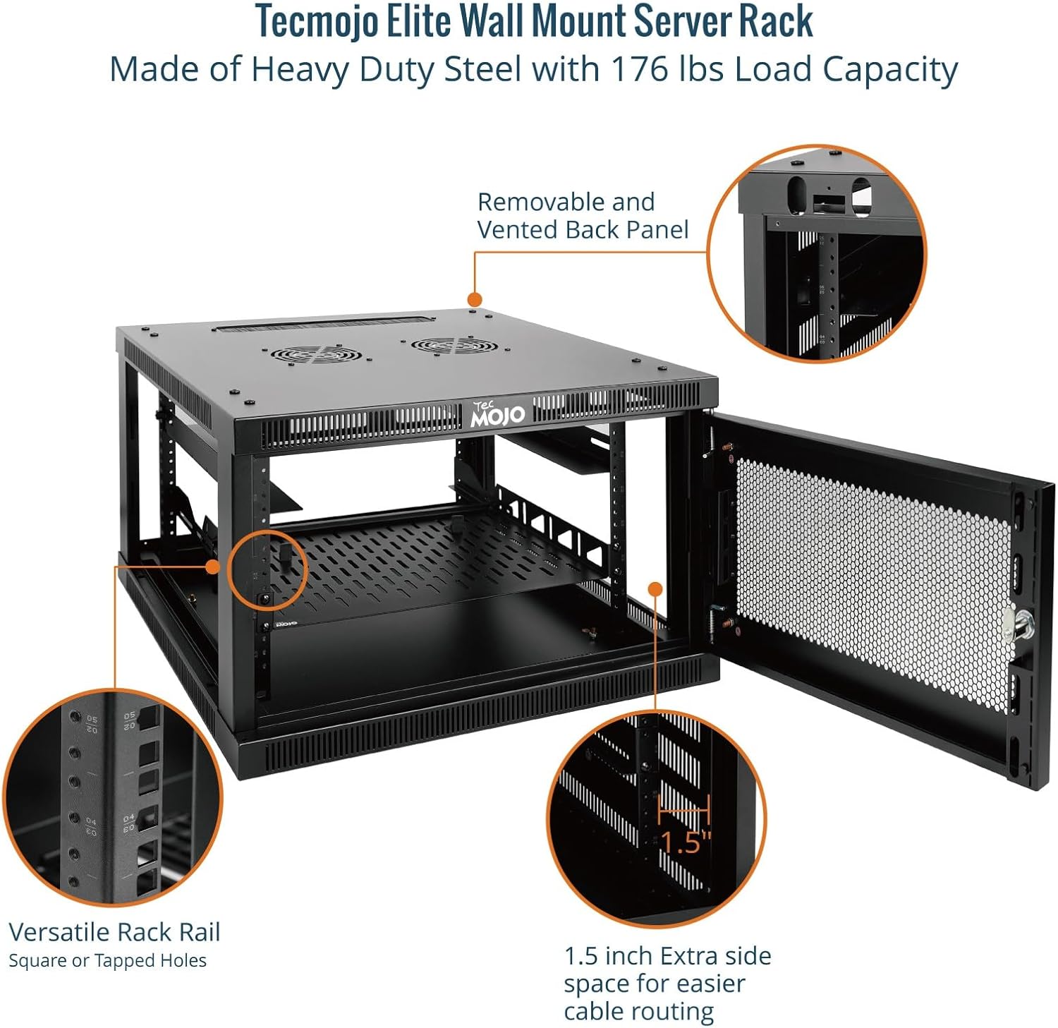 Intern view of the Tecmojo 6U Wall Mount Rack showing adjustable rack rails and extra side space for cable management.