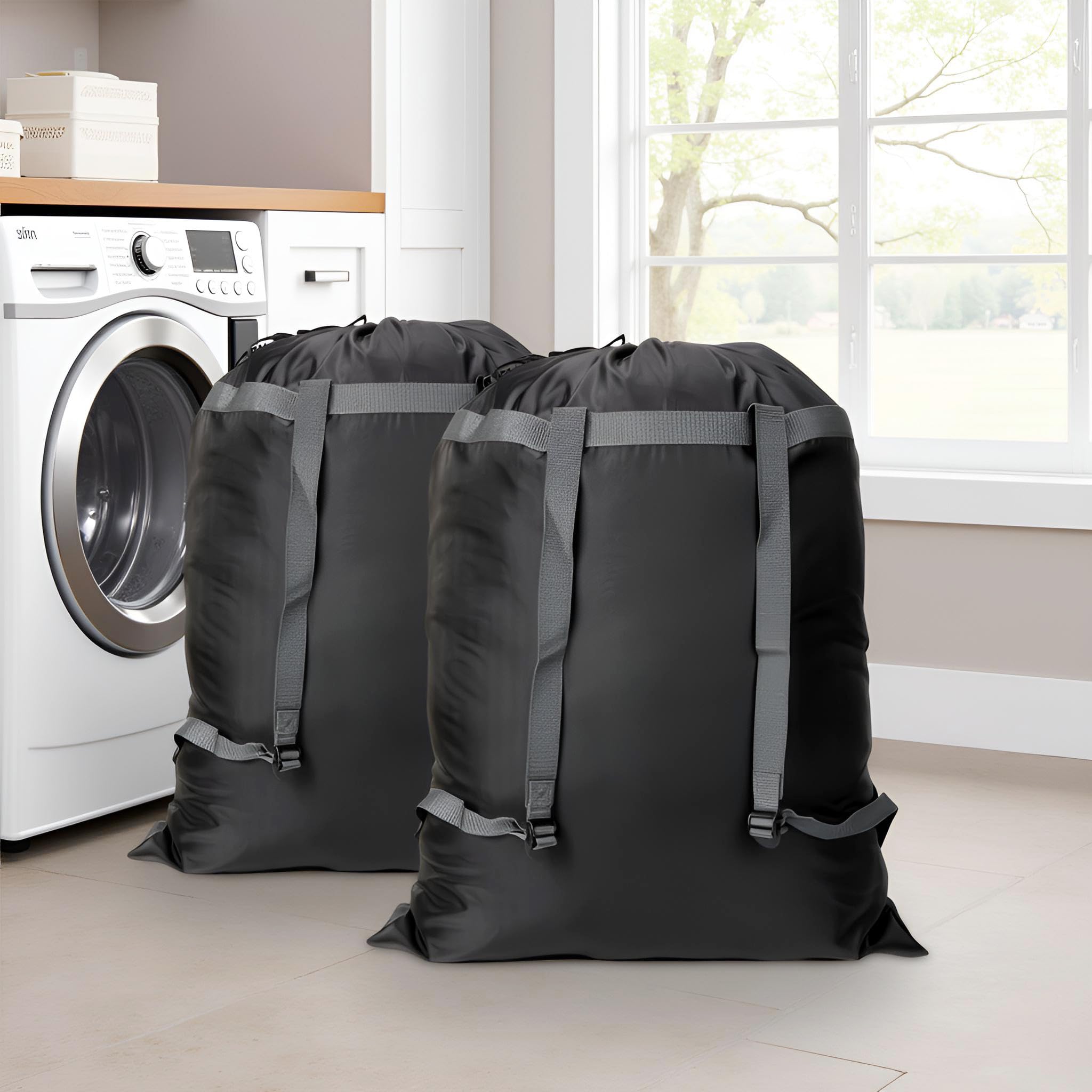 Paquete de 2 mochilas de lavandería de 27 x 34 pulgadas, resistente con correas de hombro, cierre de cordón, mochila plegable resistente para la universidad, viajes, lavandería, apartamento