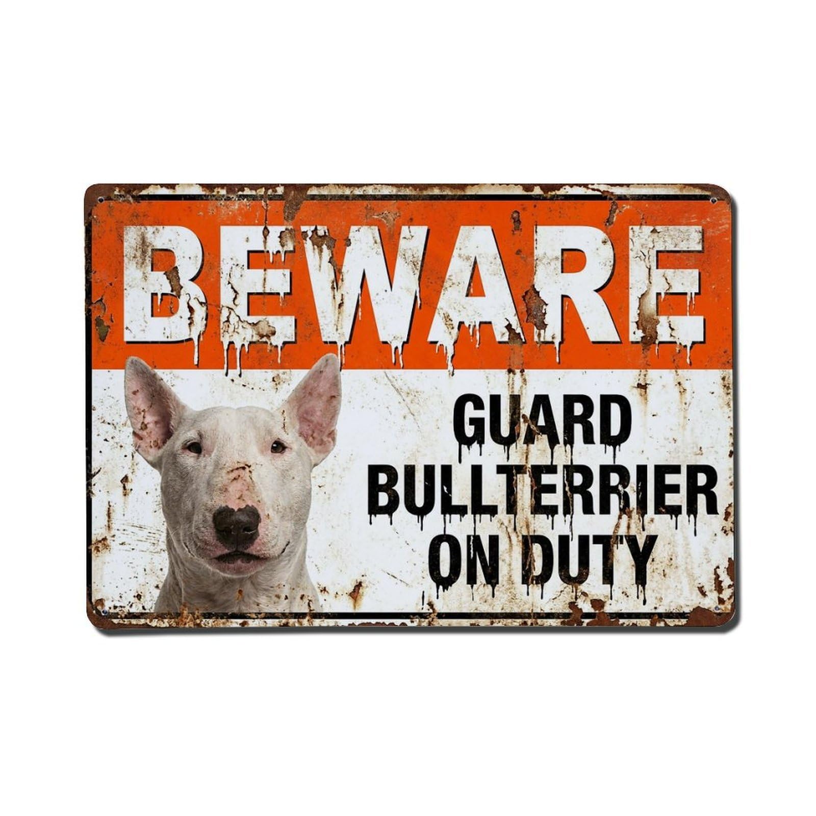 Vintage Funny Bullterrier Guard Beware of Dog Fence Metal Tin Sign Plaque Wall Decor for Cafe, Club Bar, Office, Garden Metal Poster 8x12Inch