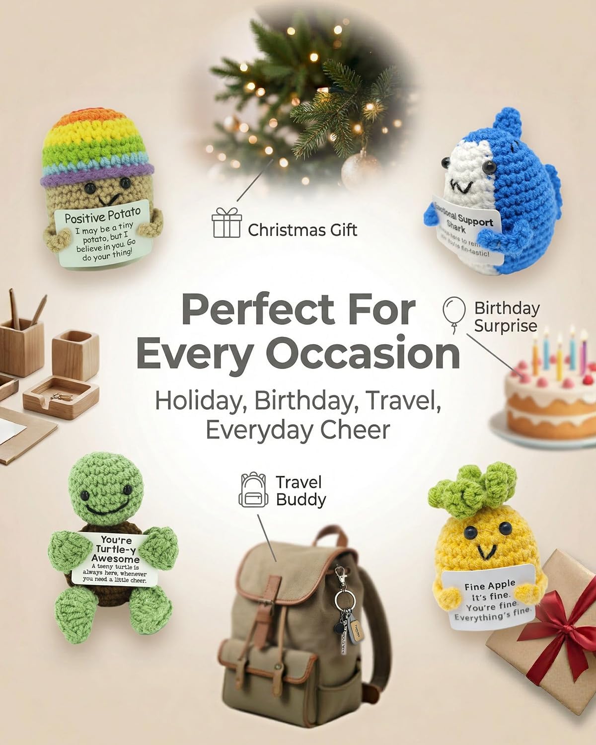Positive Crochet Animals 4 Pcs Set: Handmade Emotional Support Crochet, Whimsical Crochet with Adorable Positive Potato - Meaningful Gift or Home Decor & Gift for her