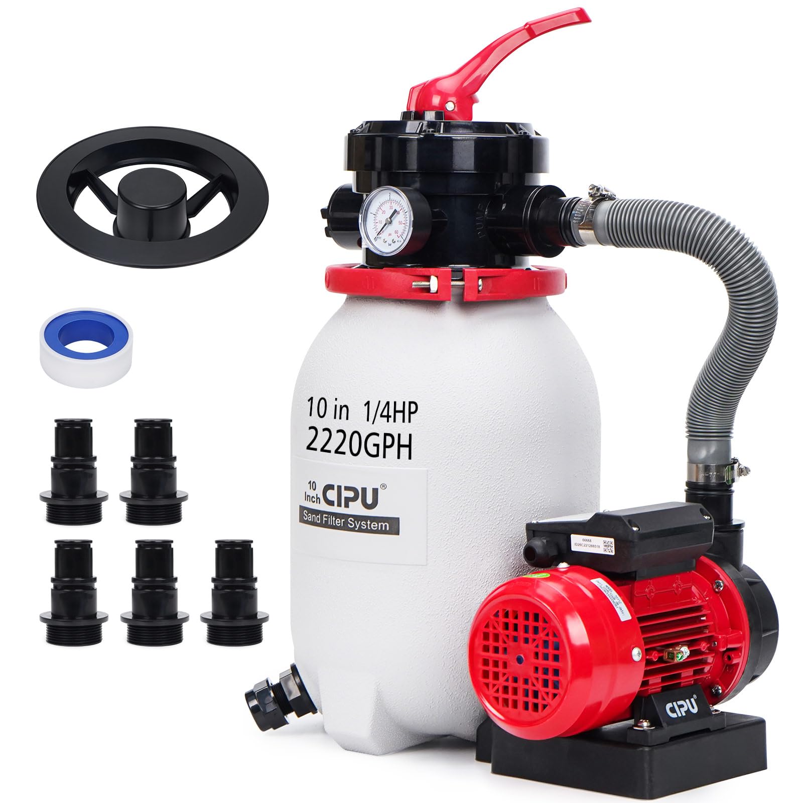 CIPU 10-inch Sand Filter Pump System Handy 4-Way Valve for Above Ground Pools with 0.25HP Pool Pump 115V 6-Foot Cord to Easy Installation
