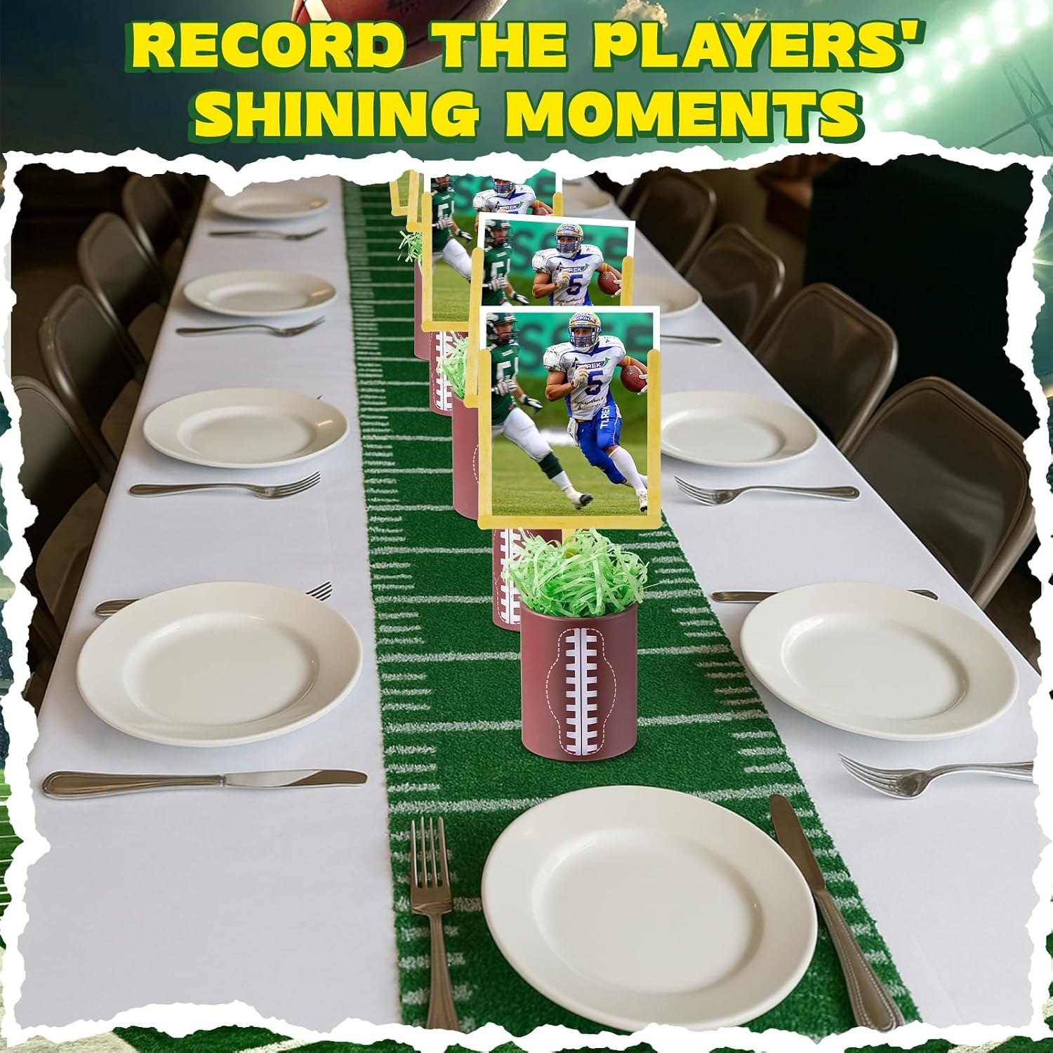 6 Set Football DIY Centerpiece Decoration Set Football Paper Vase Raffia and Rugby Goal Post Photo Holders with Adhesive Dot Sheets Table Topper Decoration for Sport Game Day Birthday image 4