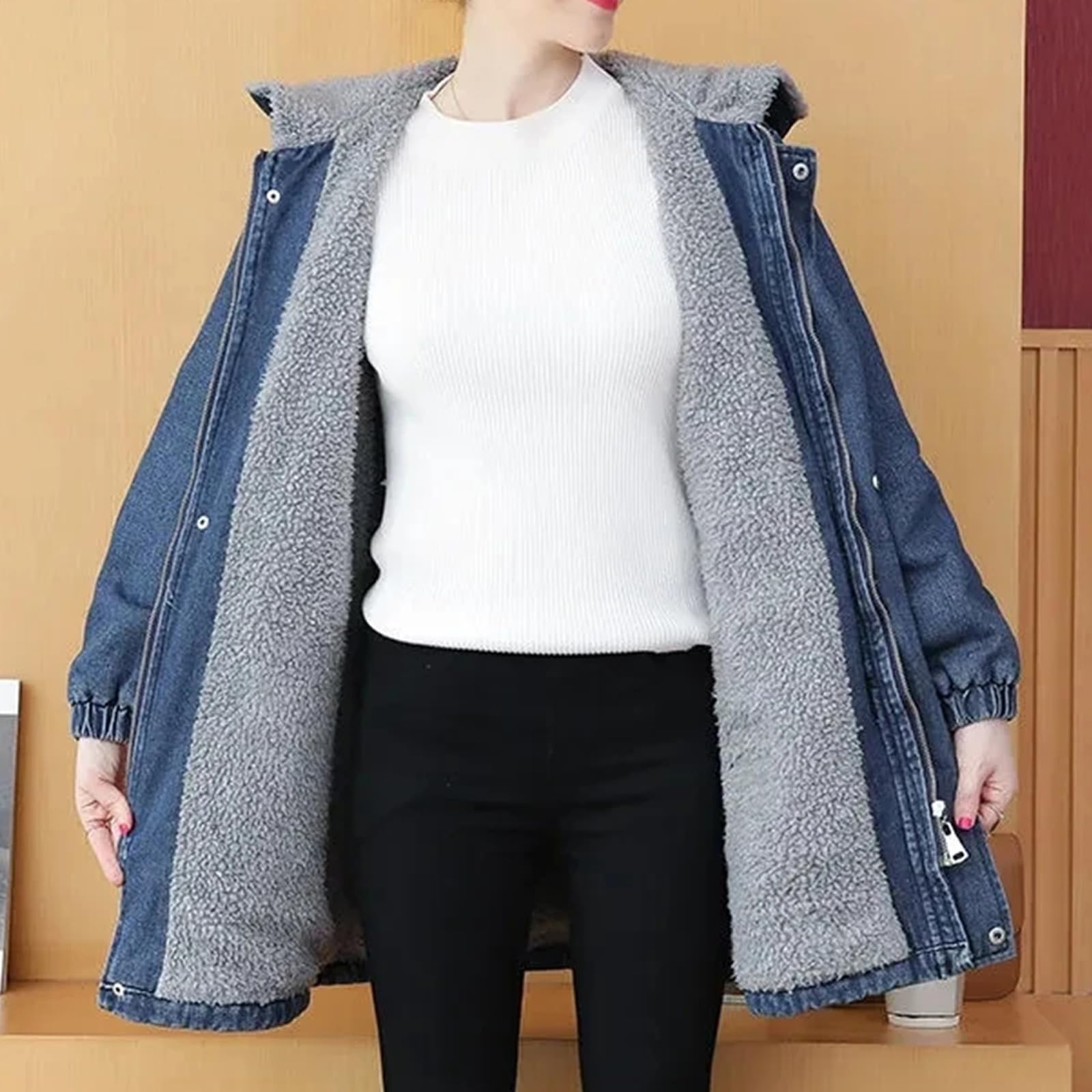 Chaqueta vaquera con capucha y forro polar grueso y cálido de invierno para mujer abrigo vaquero con capucha y forro polar de longitud media ajustado de talla grande