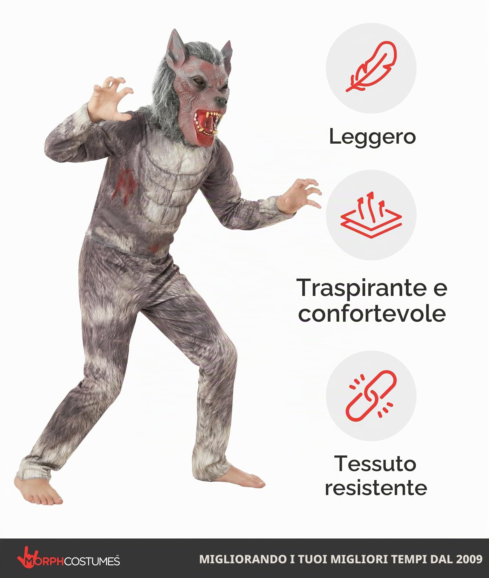 Morph Costume Lupo Mannaro Bambino - Vestito Halloween per Bambina e Bambino, Abito da Lupo Mannaro per Feste e Party, M