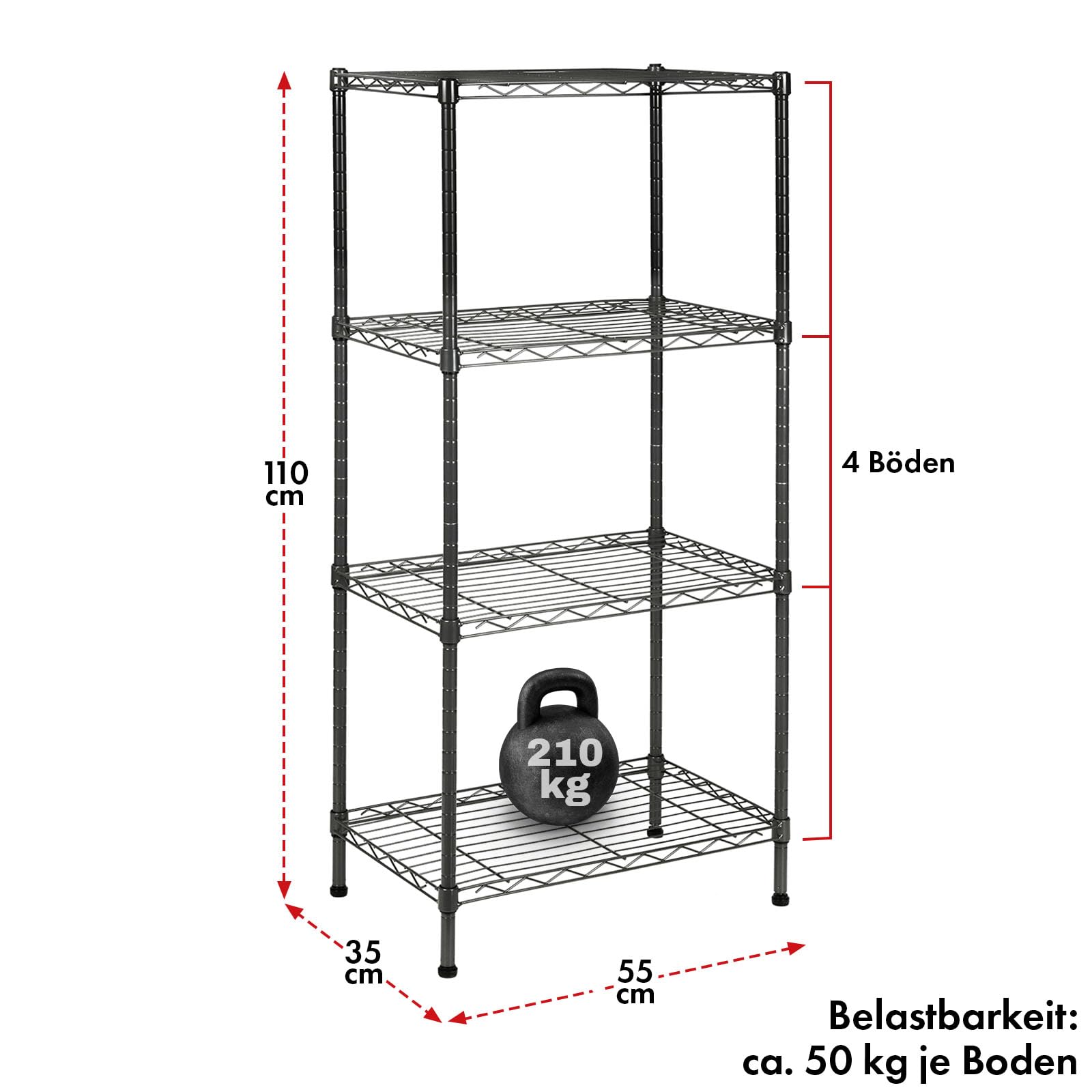 Rocky - Estantería de Rejilla (55 x 35 x 110 cm, Capacidad de Carga de 50 kg por Estante, Sistema de Almacenamiento Multifuncional, 5 x 35 x 110 cm, Color Negro)