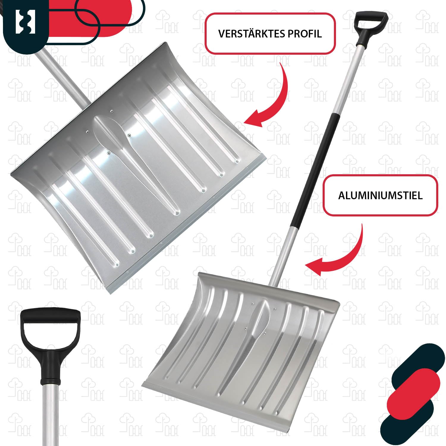 KOTARBAU® Set pala da neve con lama in alluminio 38 x 50 cm, scopa da strada con manico 150 cm, raschietto per ghiaccio 119 cm + guanti, pala da neve, manico per rimozione della neve