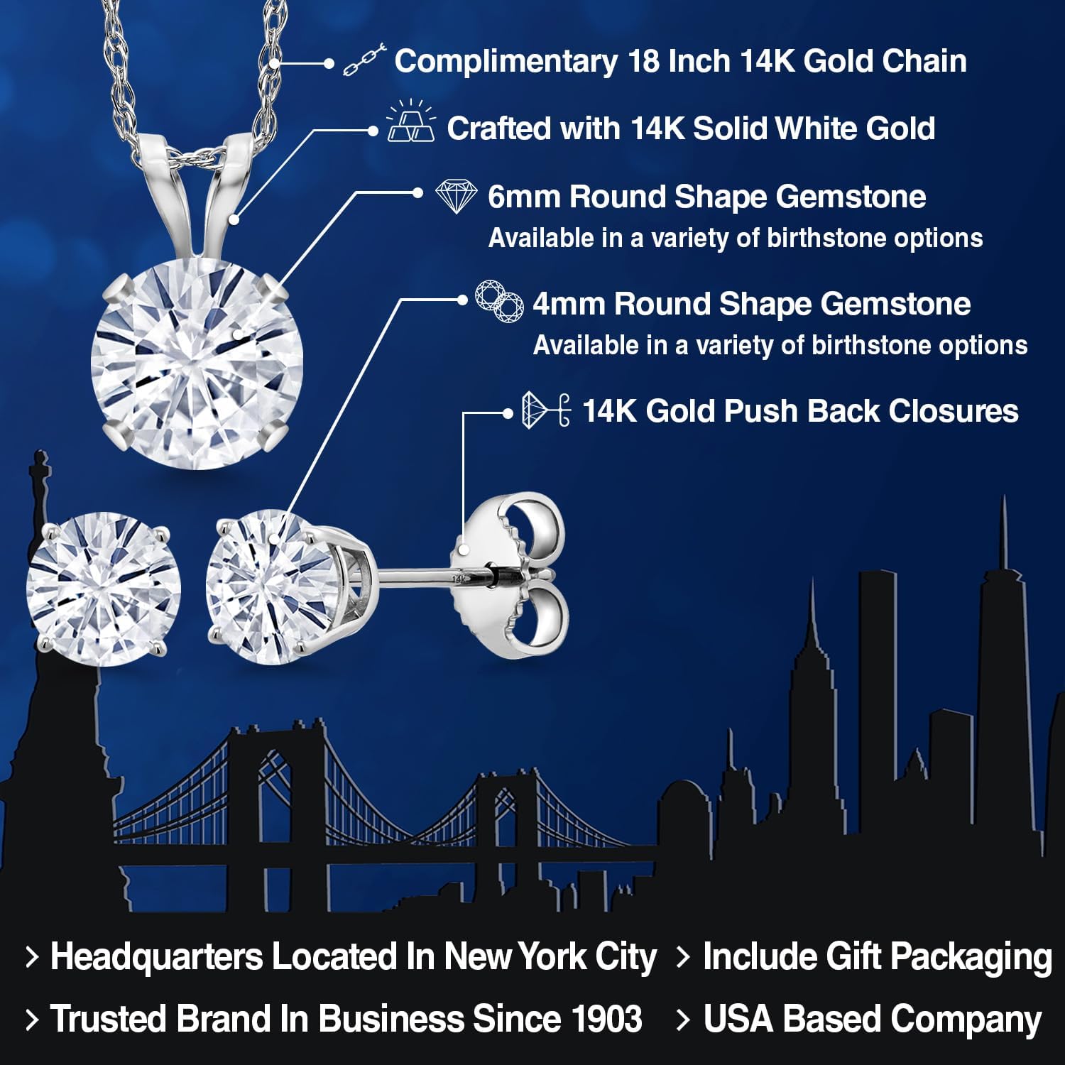 Gem Stone King 14K White Gold White Moissanite Pendant Earrings Jewelry Set For Women | 1.26 Cttw | Gemstone Birthstone | Round 6MM | with 18 Inch Chain - Image 2