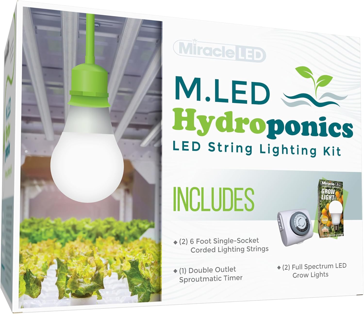 Miracle LED Hydroponics LED Indoor Grow Light Kit - Includes 1 Absolute Daylight Plus Full 150W Replacement Grow Light Bulbs & 1 Single-Socket Corded Fixture with SproutMatic Timer (2-Pack)