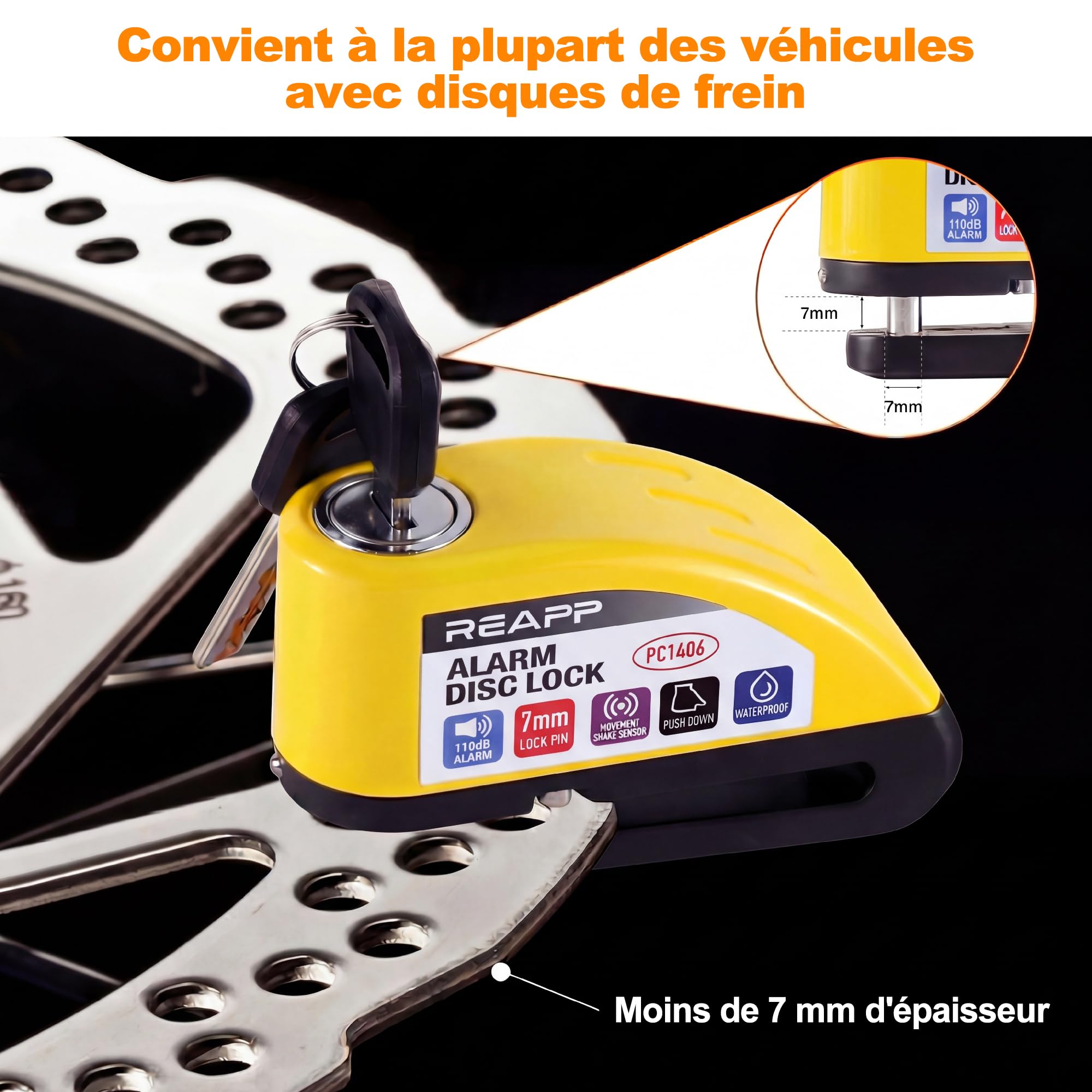REAPP Antivol Moto Renforcé, Bloque Disque Alarme 110dB, Piles de rechange | Antivol Essentiel, Étanche, Bloc Disque Haute Sécurité, Câble de Rappel 1,5 m et Sac, Compatible Moto/Vélo/Scooter à disque