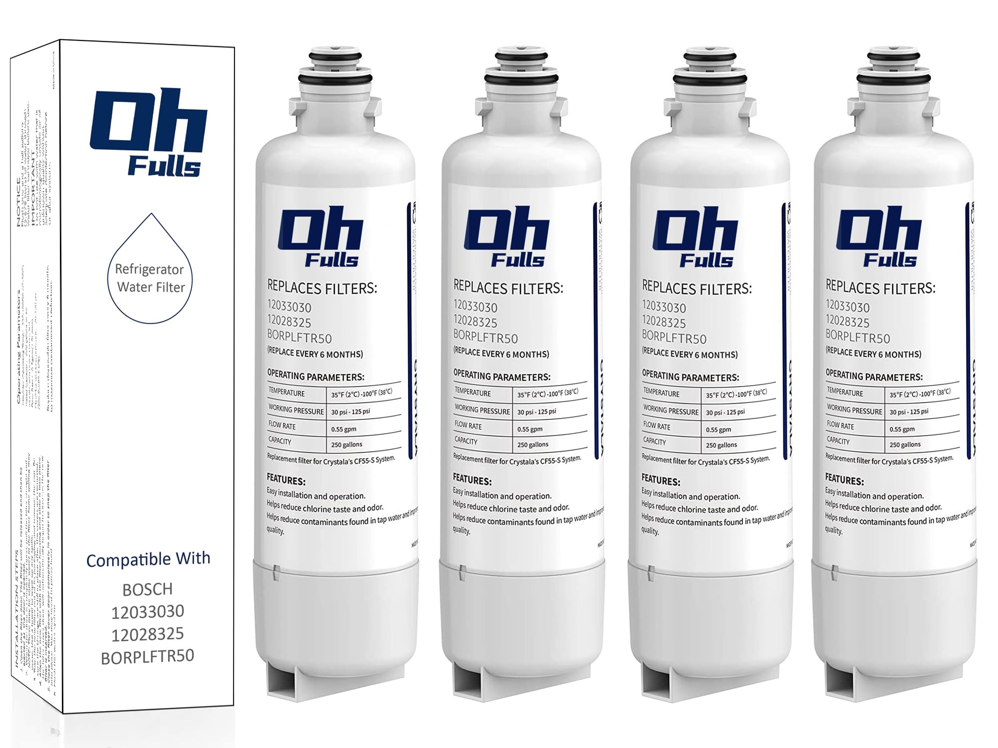 BORPLFTR55/BORPLFTR50 Refrigerator Water Filter Replacement, Compatible with Bosch UltraClarity Pro BORPLFTR55, BORPLFTR50 Water Filter, Fits 12033030,11025825,12028325 Fridge Filter (4-Pack)