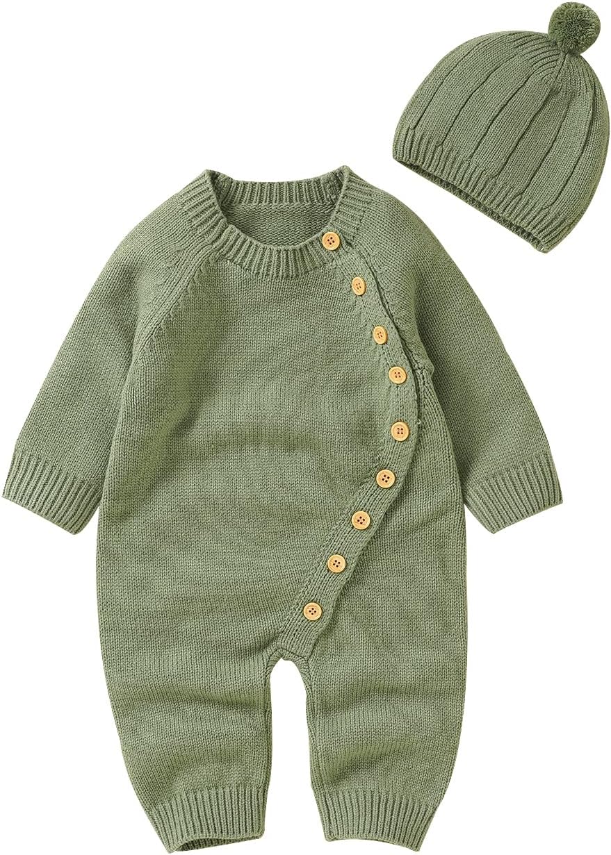 Newborn Baby Girls Boys Sweater Jumpsuit Winter Knit Romper Clothes Button Solid Bodysuit Jumpsuit Hat 2pcs Outfit