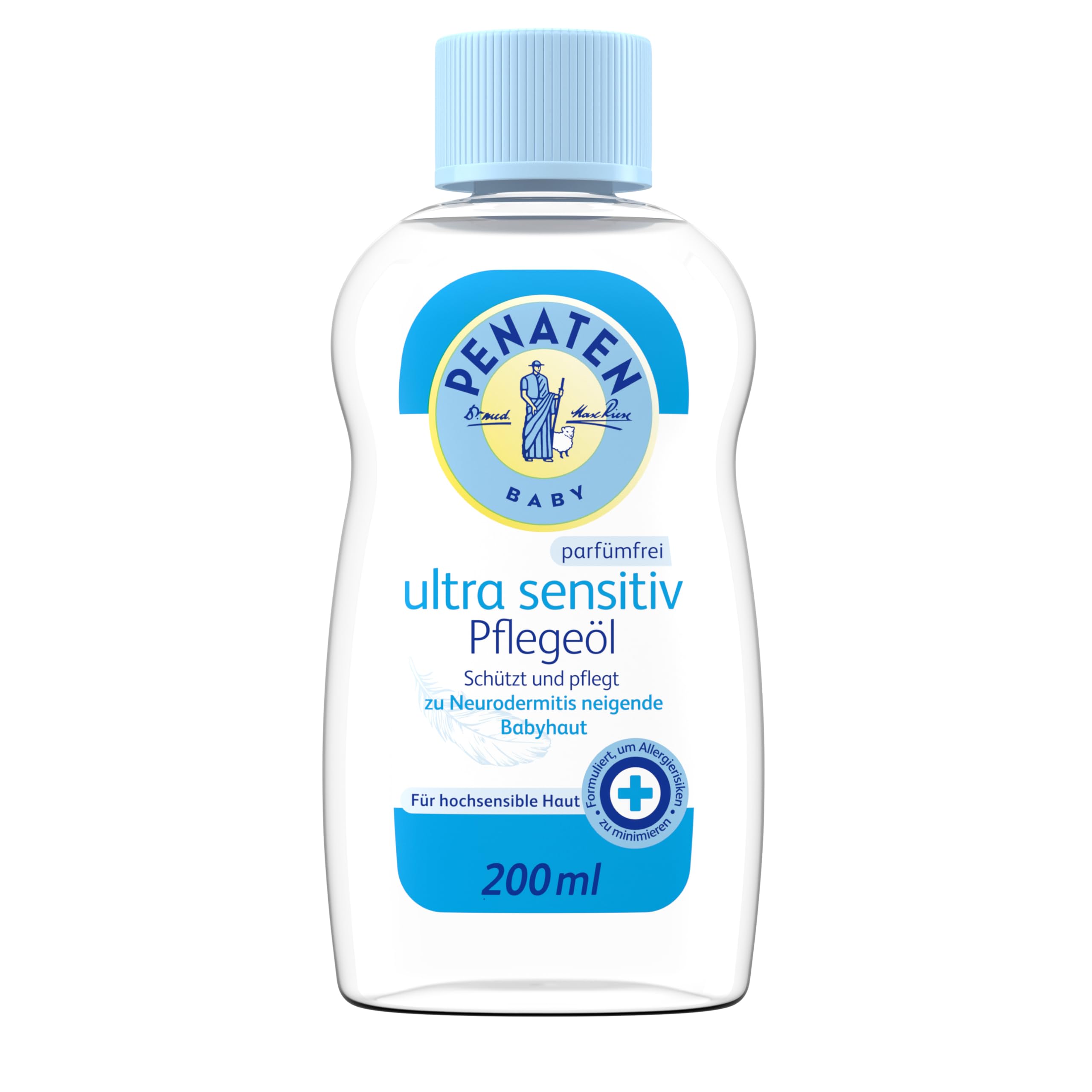 Penaten Ultra Sensitiv Pflegeöl 200 ml, schützendes Baby Massageöl und parfümfreies Babyöl für hochsensible, zu Neurodermitis neigende Babyhaut