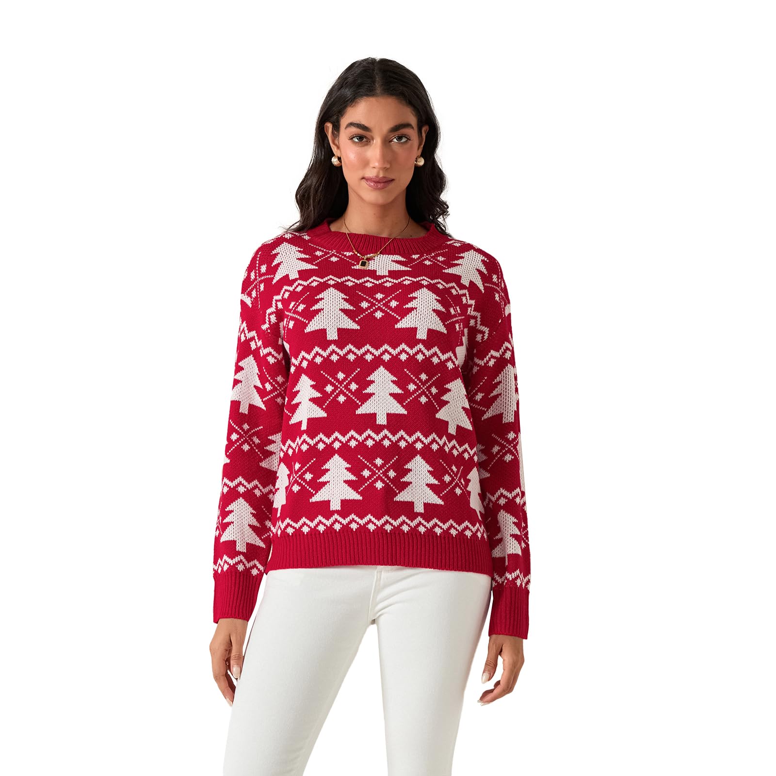 Lizxun Womens Christmas Loose Sweaters Christmas Tree Print Long Sleeve Round Neck Knitwear Pullovers