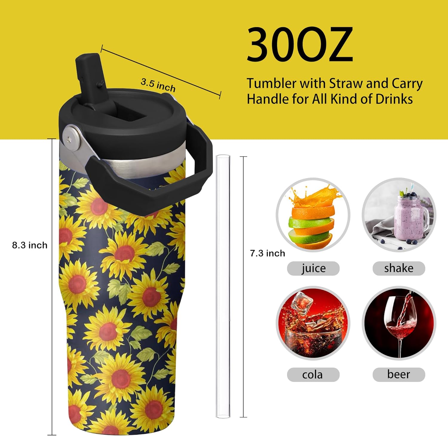 30oz Sunflower Tumbler with Handle and Flip Straw, Floral Stainless Steel Insulated Cup, Travel Coffee Mug Water Bottle, Birthday Mothers Day Chritmas Gifts for Women Animal Flowers Lovers - Image 2