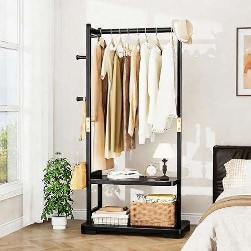 Miniatura 12 de Perchero de madera maciza con 2 estantes y 4 ganchos para colgar ropa, carteras, sombreros, estante de ropa resistente, perchero para abrigos