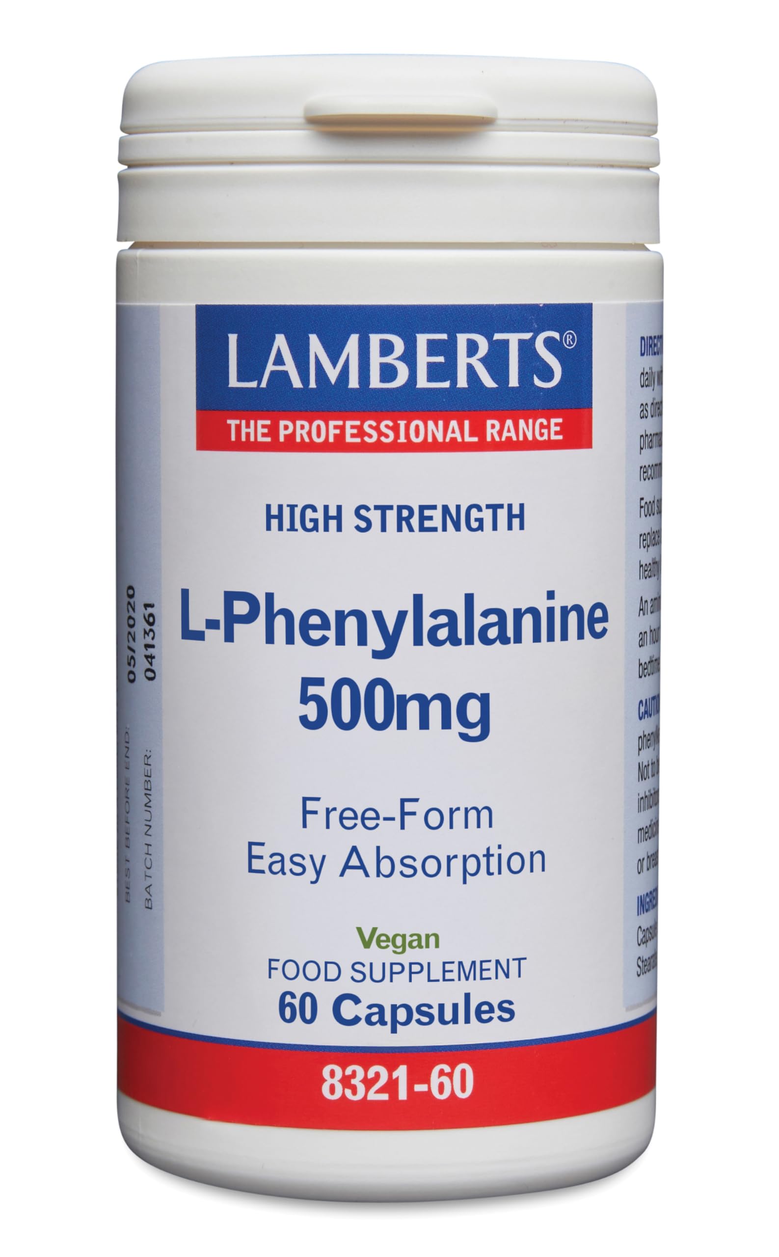Lamberts L-Fenilalanina 500 mg | 60 Cápsulas | Apto para Veganos | Sin Gluten | Sin OGM | Aminoácido Esencial Forma Libre | Fácil Absorción | Calidad Farmacéutica GMP