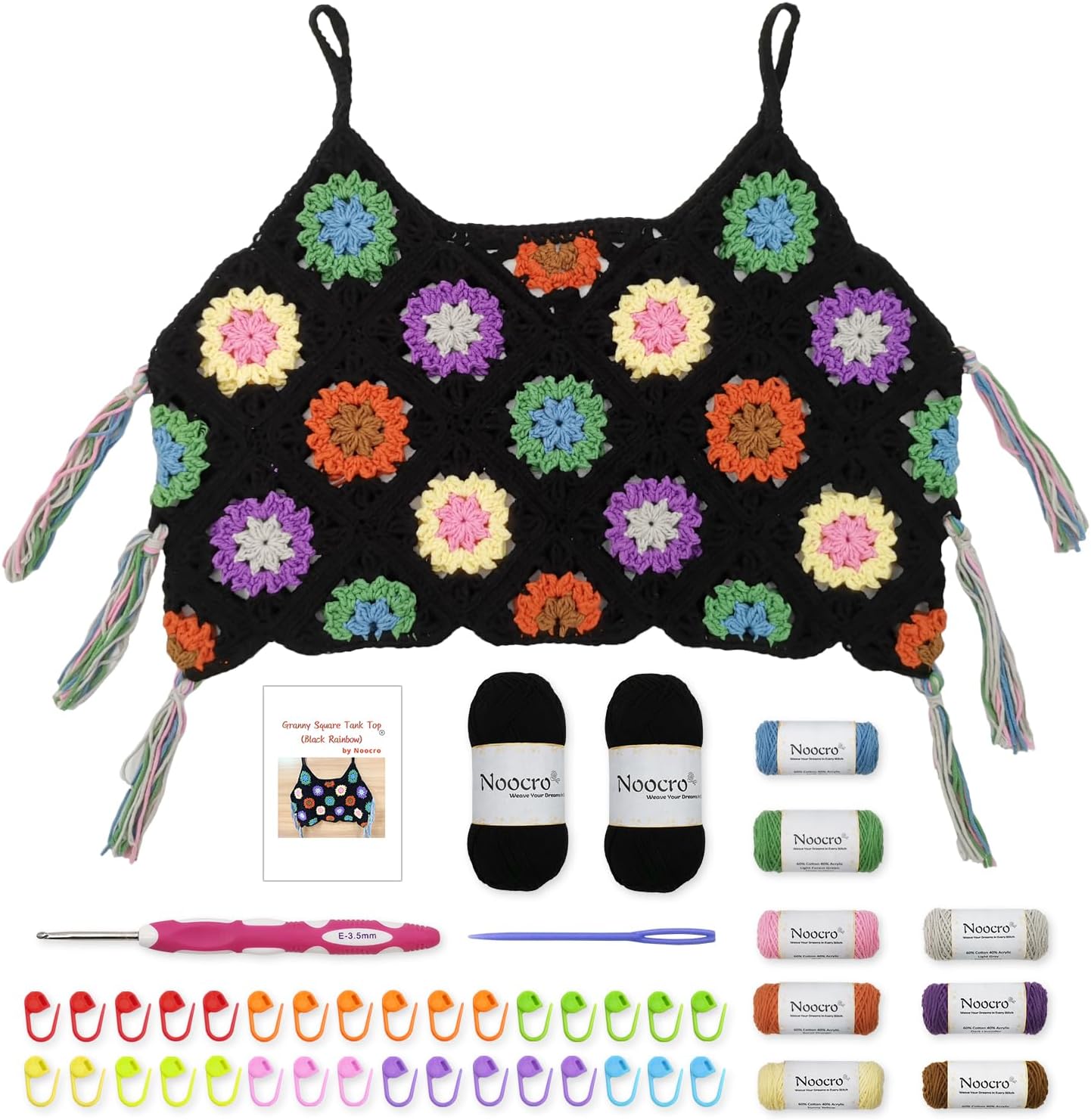 Noocro Granny Square Crochet Tank Top Kit – DIY Yarn Kit with Hook, Stitch Markers, Detailed Guide & Video Tutorial – for Intermediate or Ambitious Beginners (Black Rainbow)