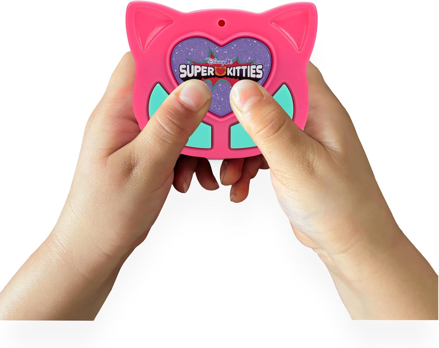 Child's hands holding the SuperKitties remote controller
