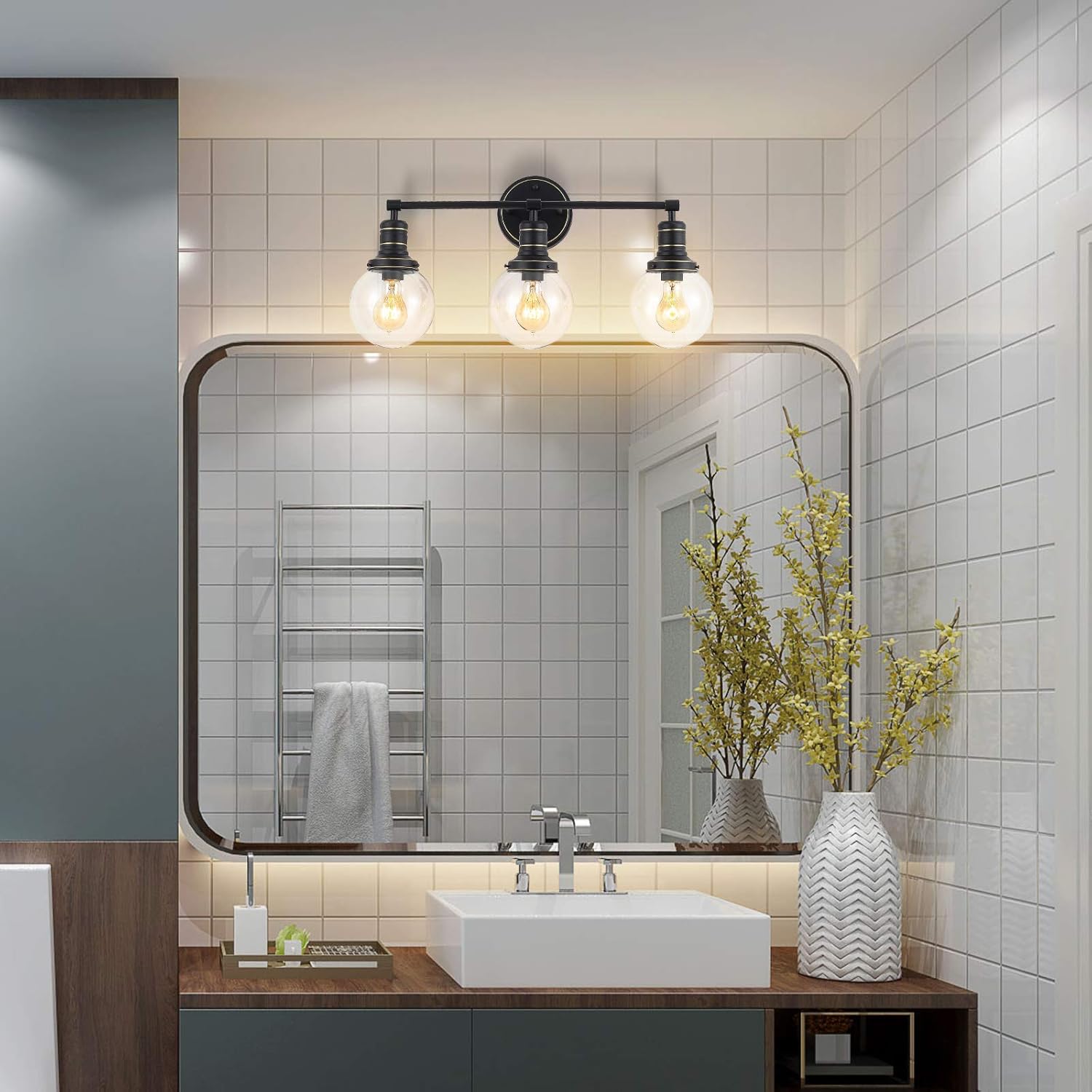 🔥 3-Light Bathroom Vanity Light, Modern Wall Sconce Lighting, Vintage Vanity Light Fixtures Over Mirror with Clear Glass Shades in a Black Finish, E26