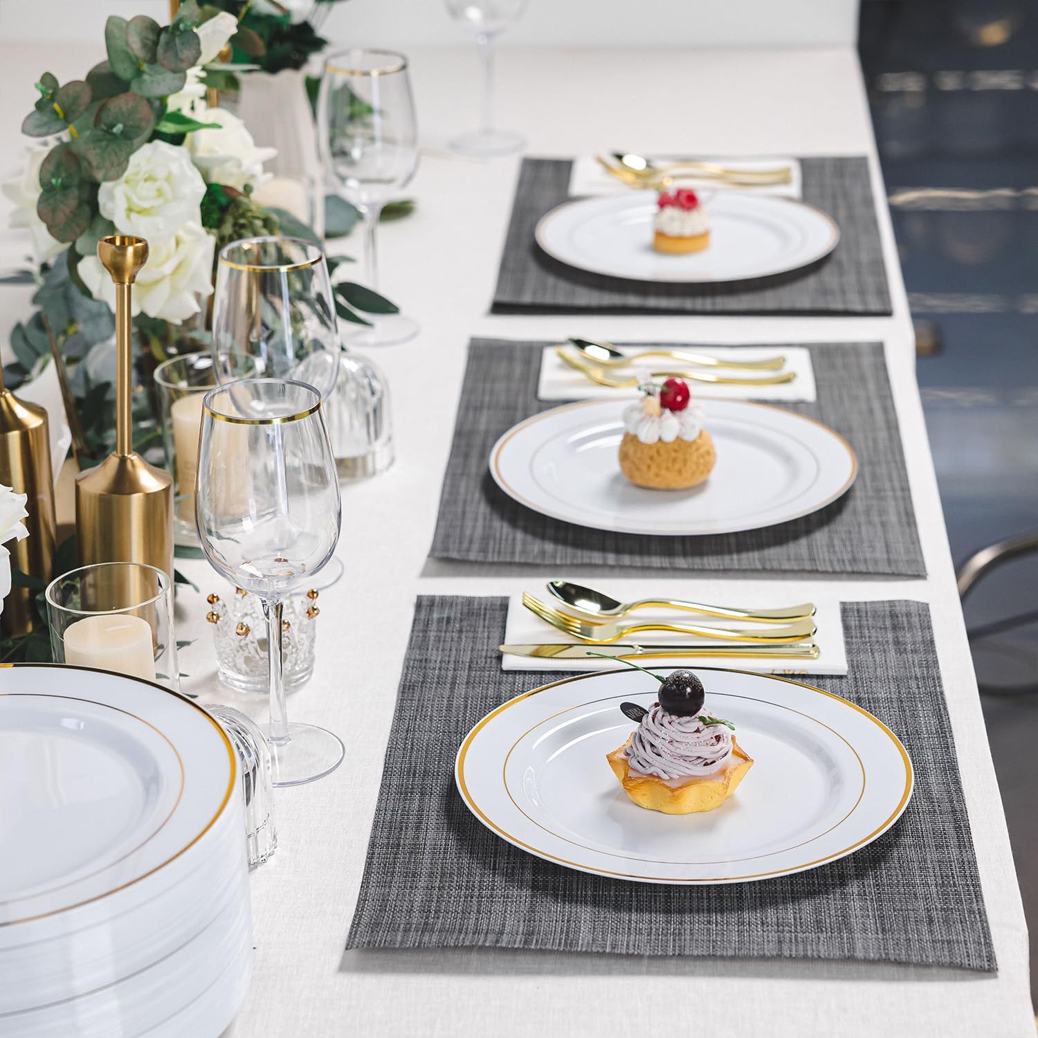 N9R 100PCS Gold Plastic Plates, 10.25 inch White Disposable Dinner Plate with Gold Rim, Heavy Duty Plates for Party Wedding and Birthday - Image 7