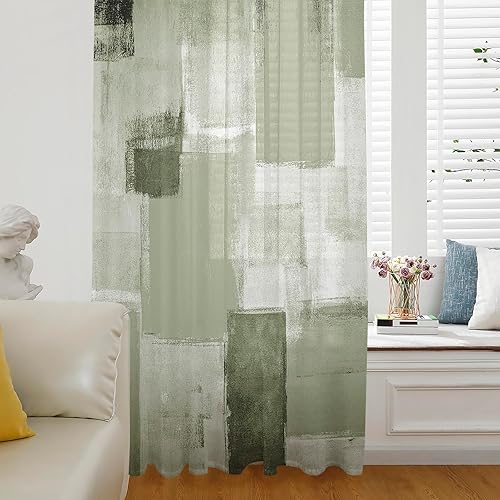 Sage Green Geometric Window Curtains 63 Inches Long,Semi Sheer Rod Pocket Chiffon Curtains & Drapes Drapery Voile Draperies Window Treatment for