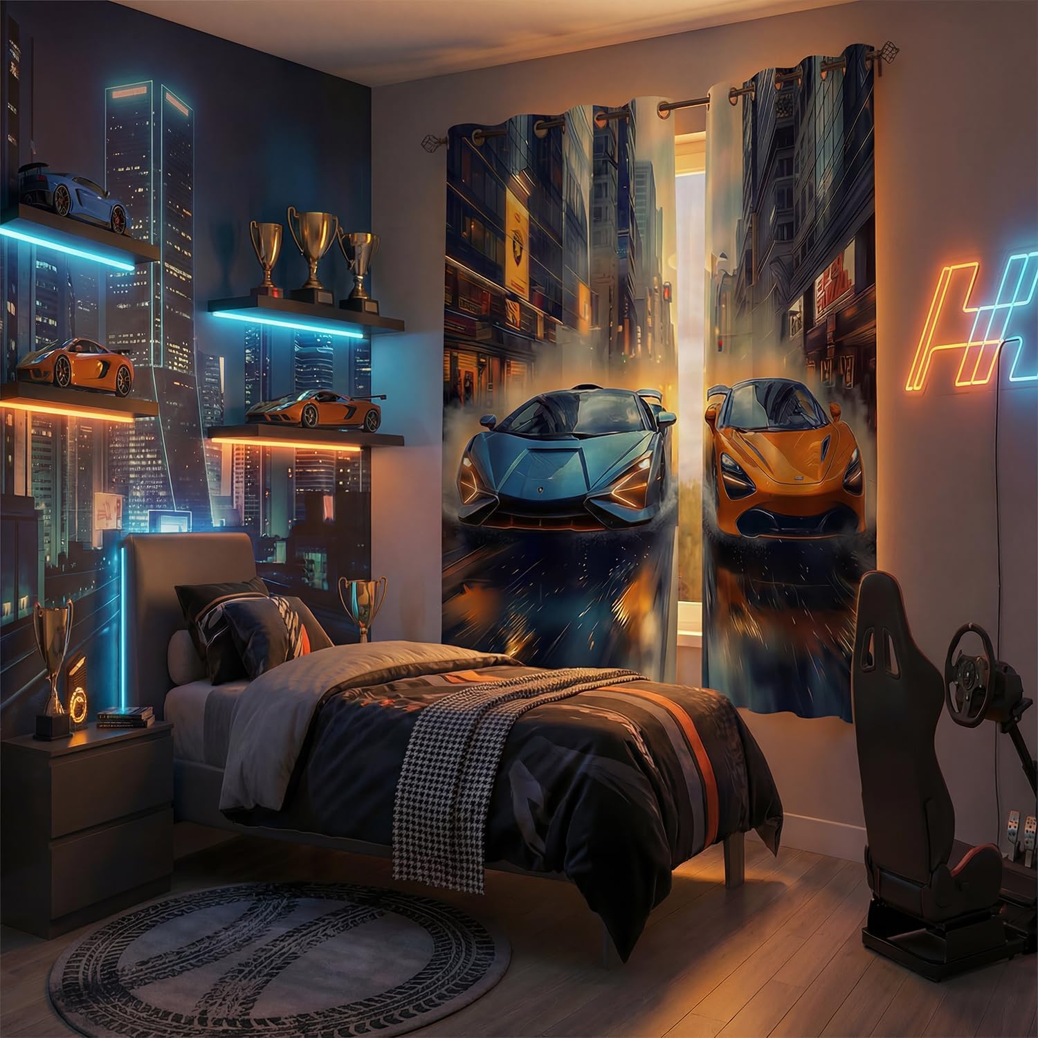 Race Car Blackout Curtains for Boys Bedroom, Racing Car Window Drapes for Kids Room, Thermal Insulated Grommet Darkening Curtains for Living Room, 55 x 63 Inch, 2 Panels