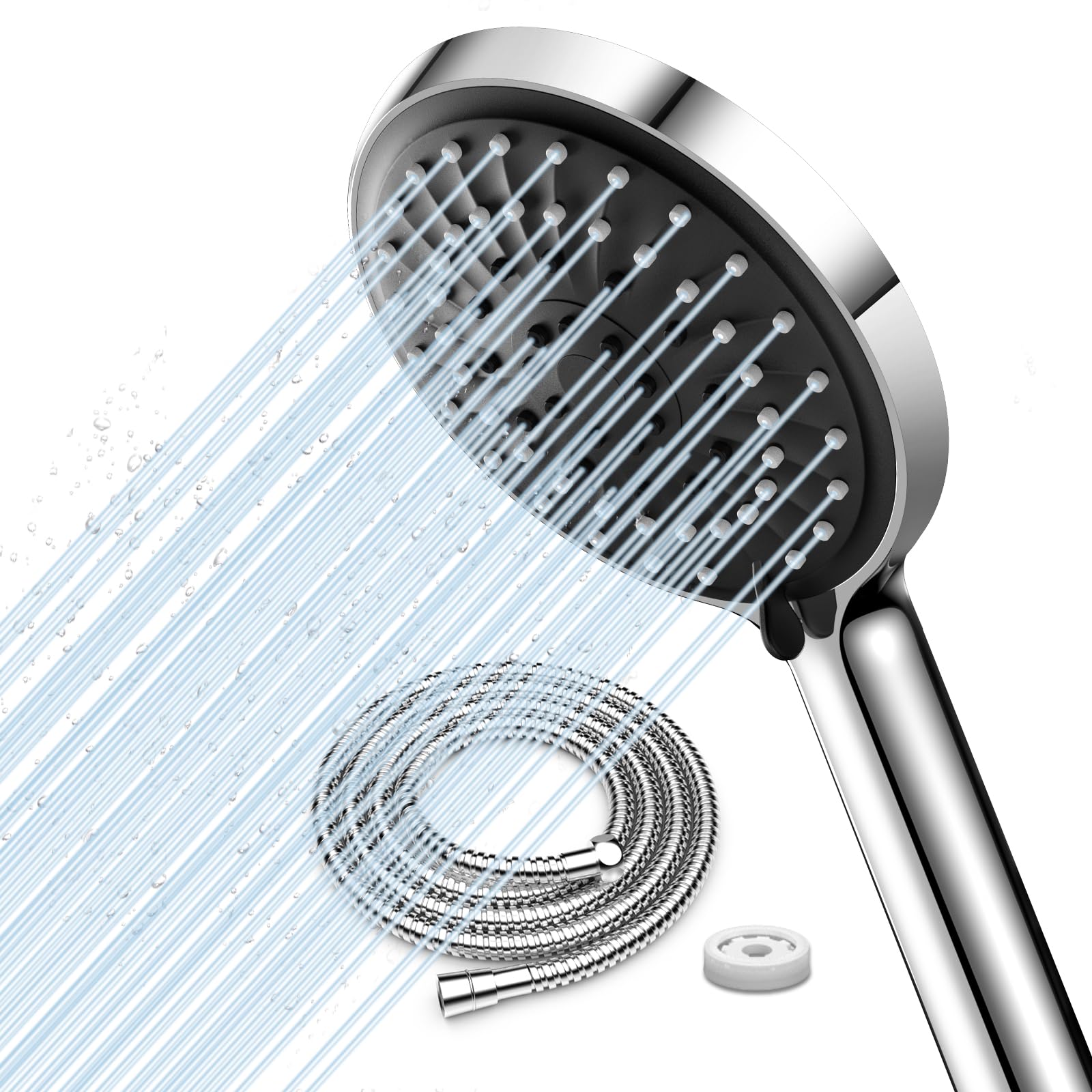 FASDUNT Chrom Duschkopf mit 2M Premium Flexibler Schlauch aus Edelstahl & 9.5L/min Durchflussbegrenzer und Filter für Duschbrause Duschköpfe Selbstreinigender, ABS Premium-Material