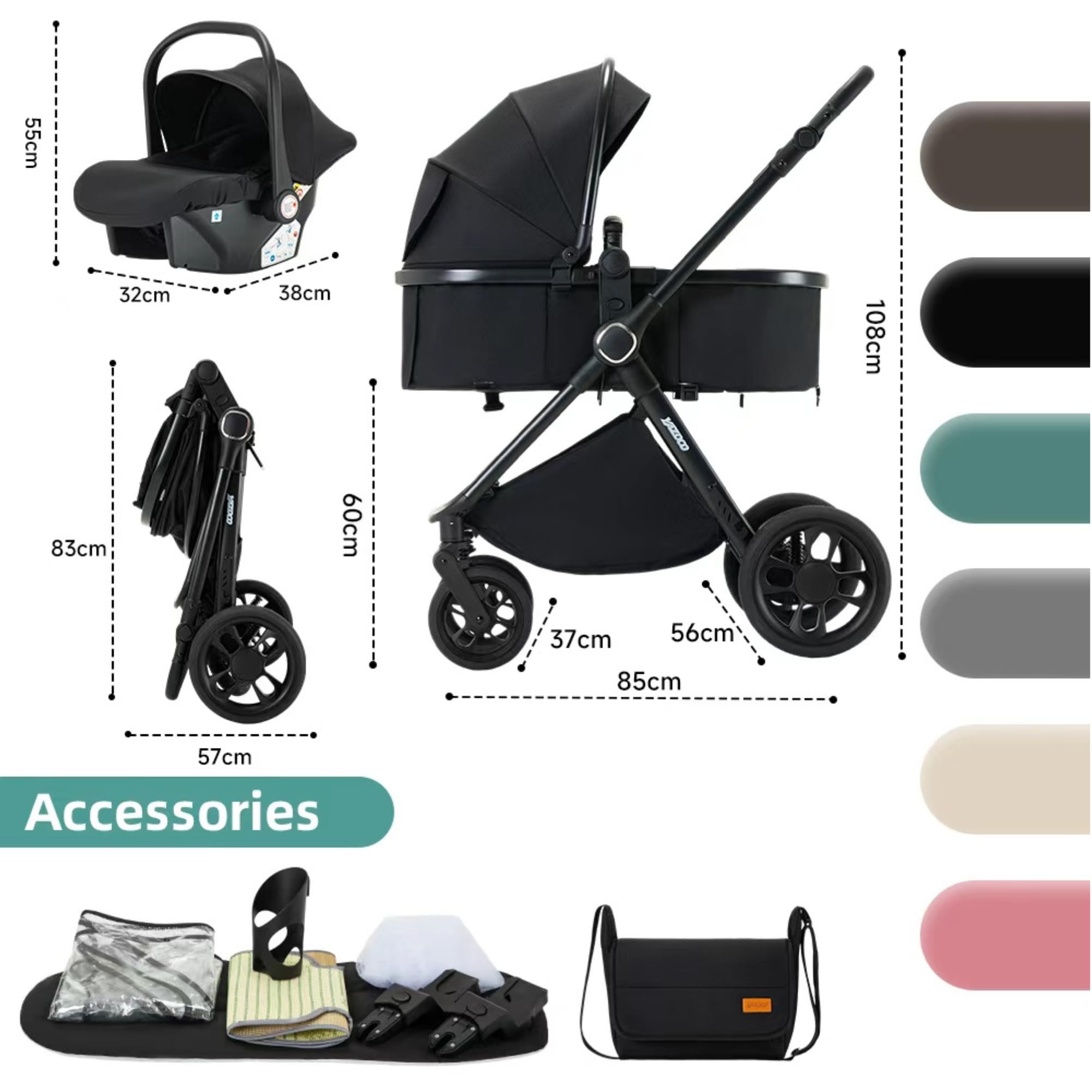 Passeggino trio 3 in 1 con seggiolino auto i-Size Pieghevole, sedile reclinabile, marcia bidirezionale, cinture a 5 punti, portata 0-25 kg, 0-4 anni (Verde)