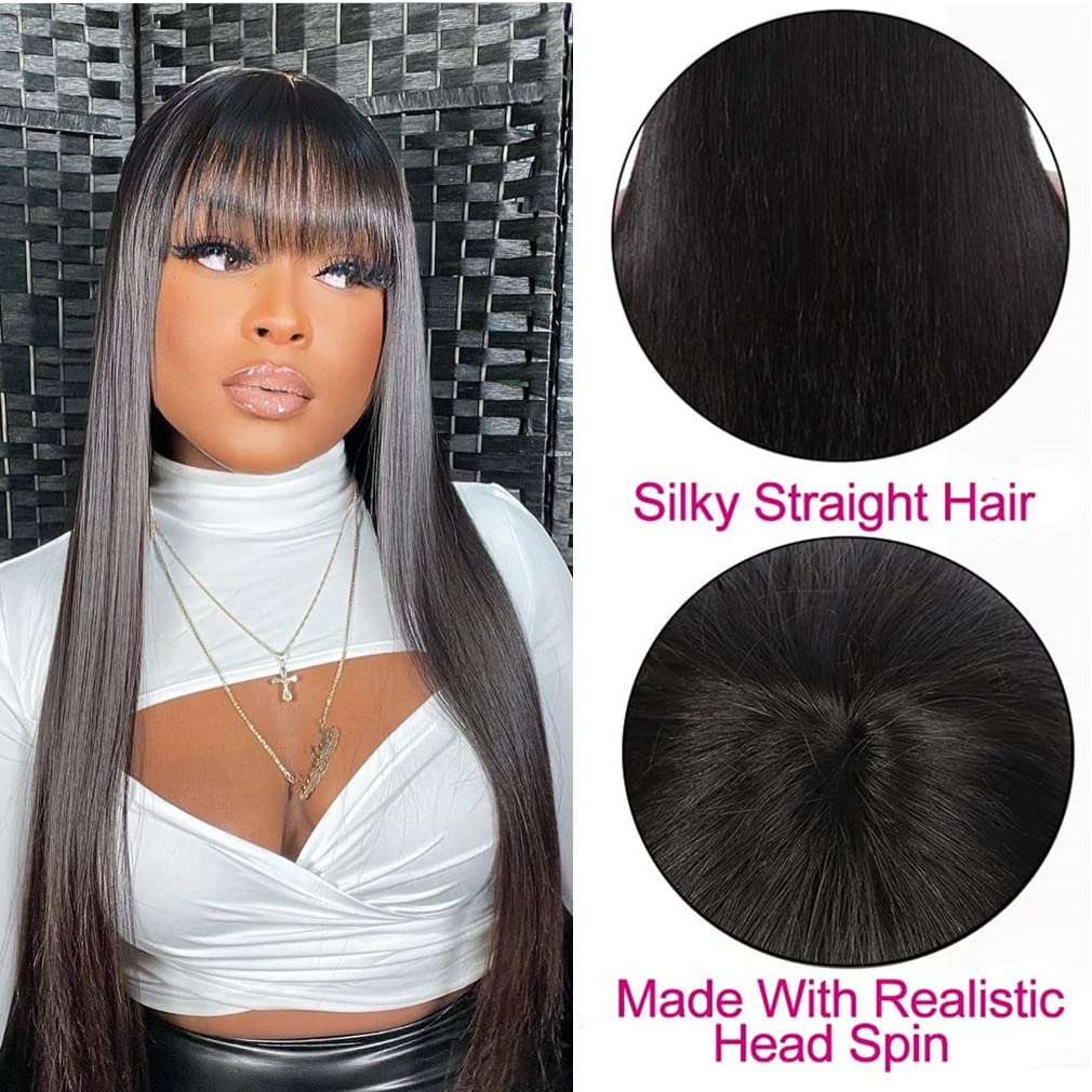 Full Machine Made No Glue No Gel 100% Human Hair Wigs No Lace Straight with Bangs Style Natural Black Color for Black Women Beginner Friendly (18Inch, Full machine Made/Natural Black/ST)