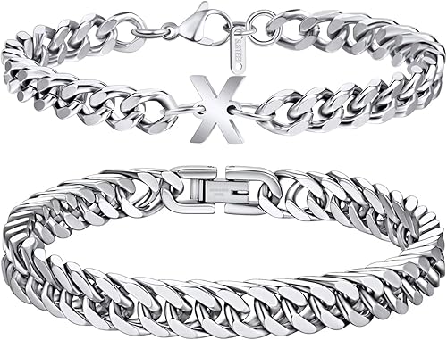 Ritach Initial Bracelets for Men Silver, 2PCS Stainless Steel Cuban Chain Link Initial Bracelets for Mens Bracelet Set Letter A-Z Bracelets for Men