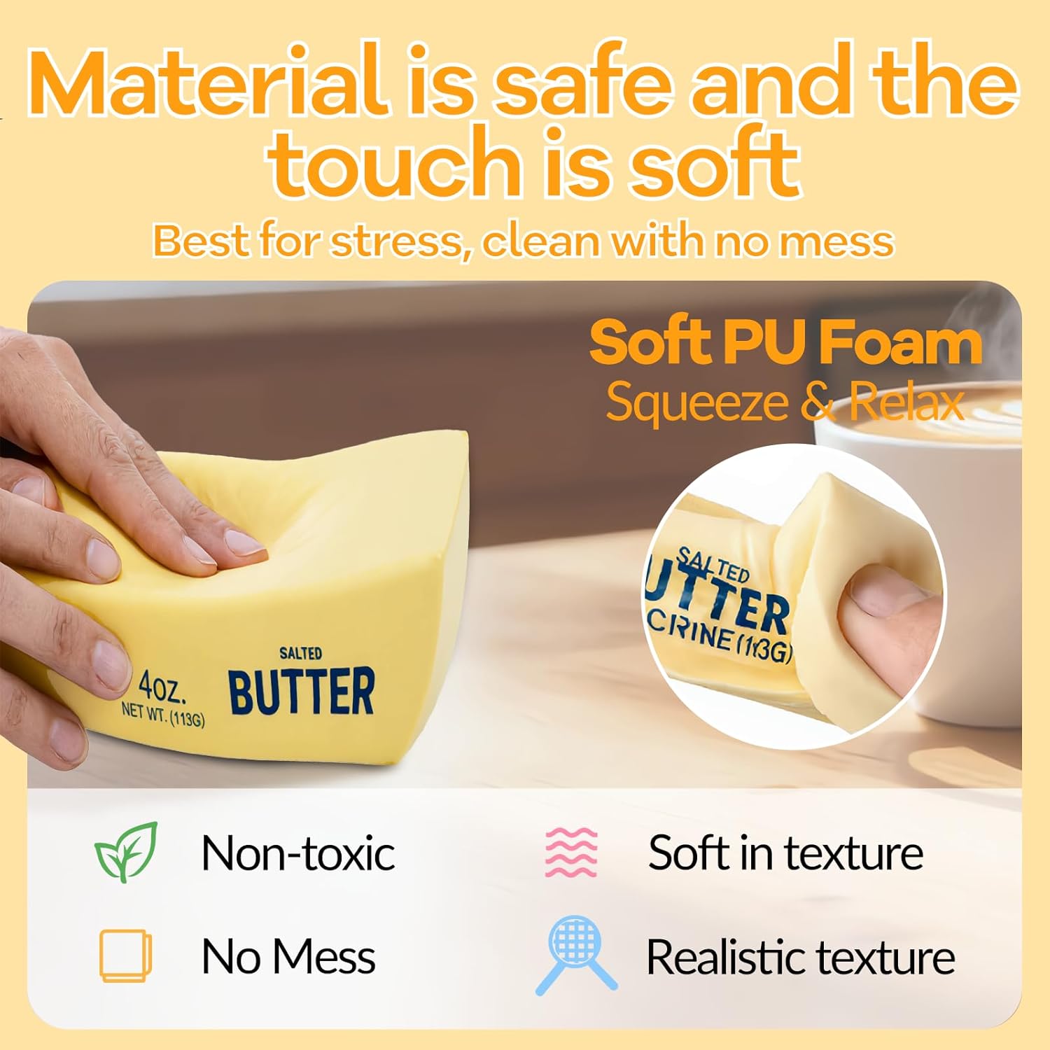 Butter Squishy– Slow Rising Squishy Butter Stick, Realistic Food Fidget Toys for Adults, Stress Relief & Anxiety Relief, Soft PU Material, Portable 5.5 Inch Squeeze Toys for Office & Home