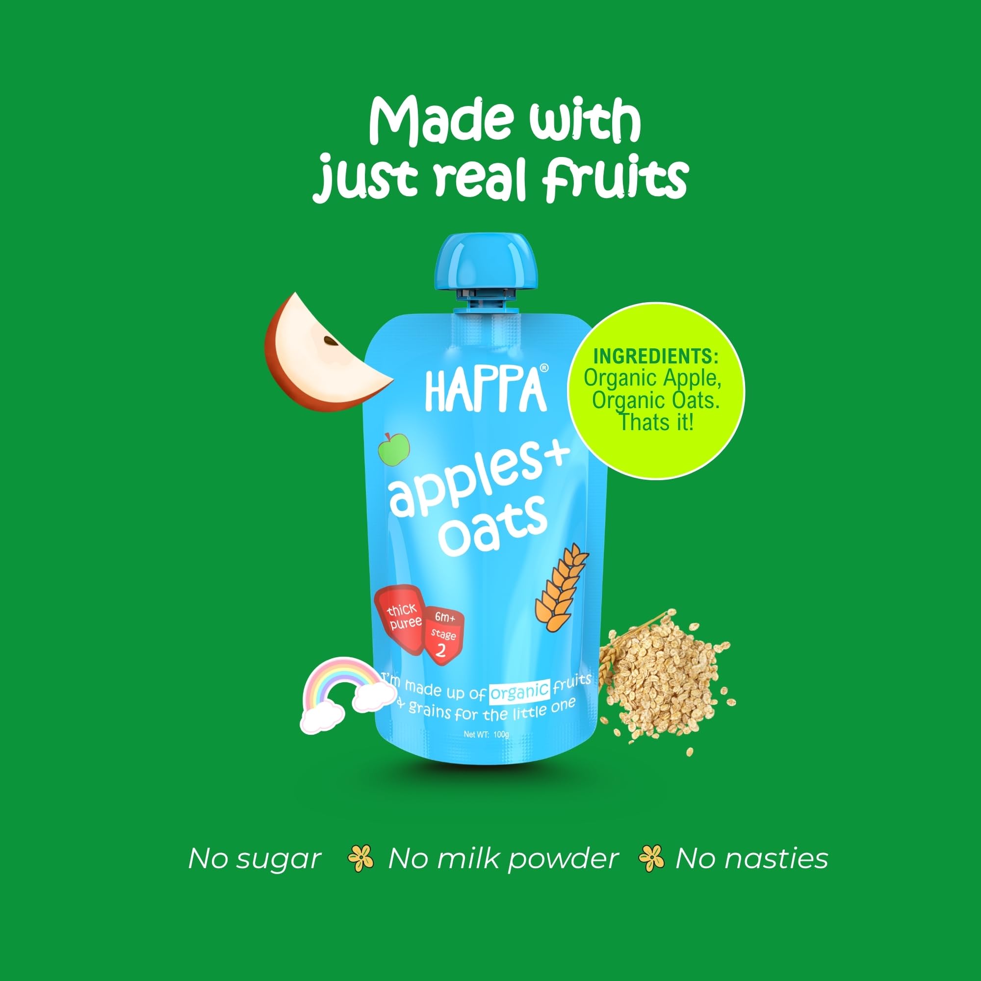 Happa Organic Baby Food Apple and Oats Puree | 100% Fruits and Oats | No Added Sugar, No Milk Powder, No Preservatives | Stage 2 (6 Months+) | Ready to Eat | Free from Common Allergens | Pack of 1 (100g Each)