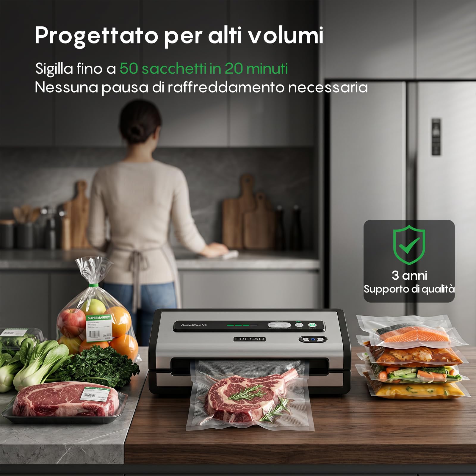 FRESKO Apparecchio Sottovuoto Automatico, 18 L/min Potenza Aspirazione Turbo, Comando a un Tasto, 1 rotoli di sacchetti, 10 Sacchetti Sottovuoto Pretagliati, V8 AutoMax