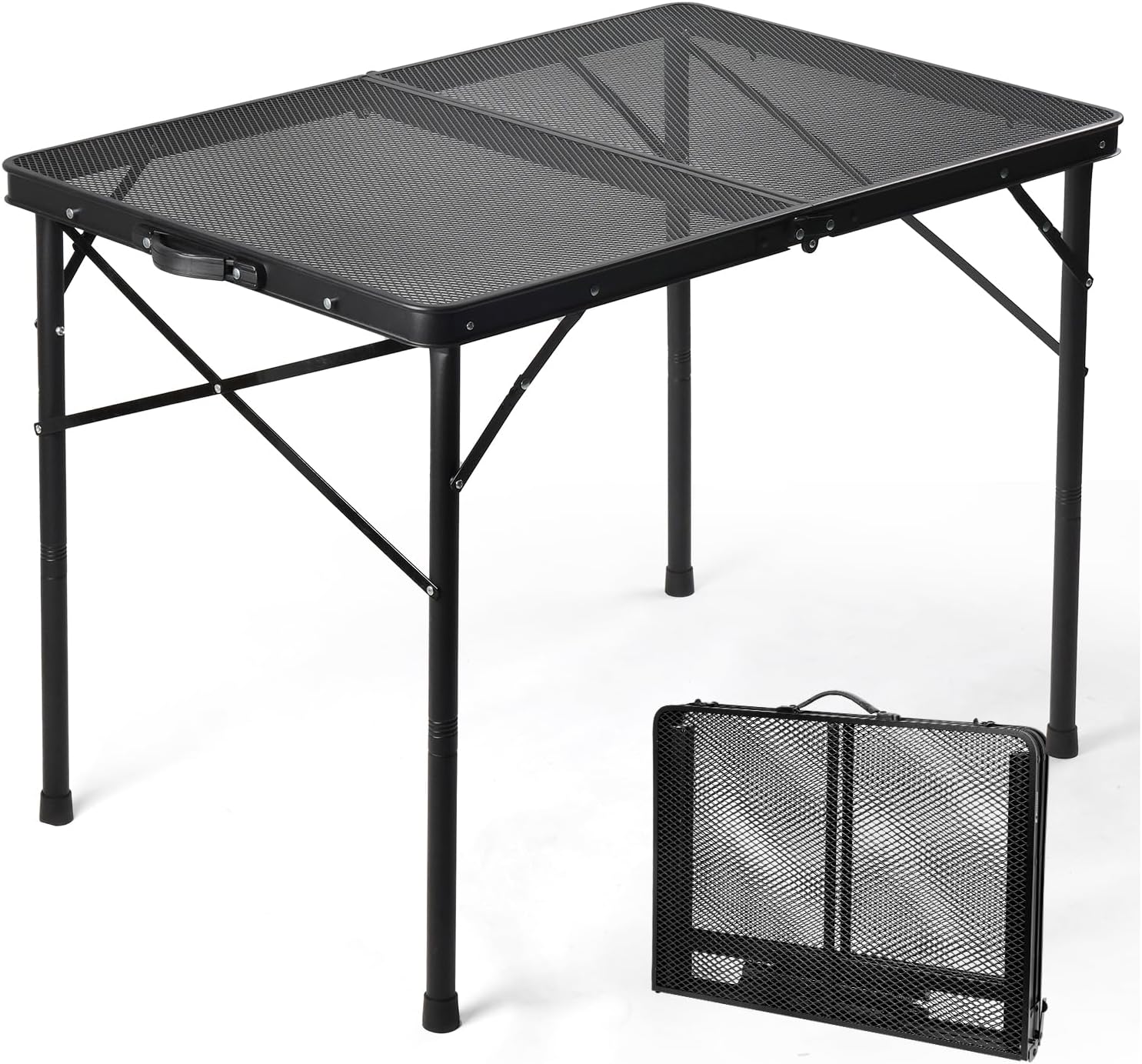 3 ft Folding Table with Adjustable Height (16.5" & 26"), Black Metal Mesh Table with Carry Handle, Portable for Camping, Tailgating, BBQ, Picnic & Indoor, Fits 3–6 People, 7.5 lb, Supports 66 lb