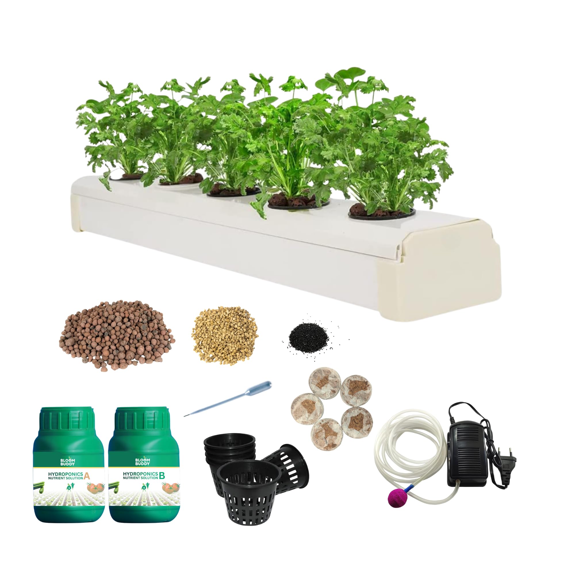 BloomBuddy® Hydroponics Kit for Home | 5 Plant NFT Channel System | Complete Growing Kit with Nutrients, Clay Balls, Net Pots & Air Motor | Ideal for Herbs, Leafy Greens & Indoor Gardening