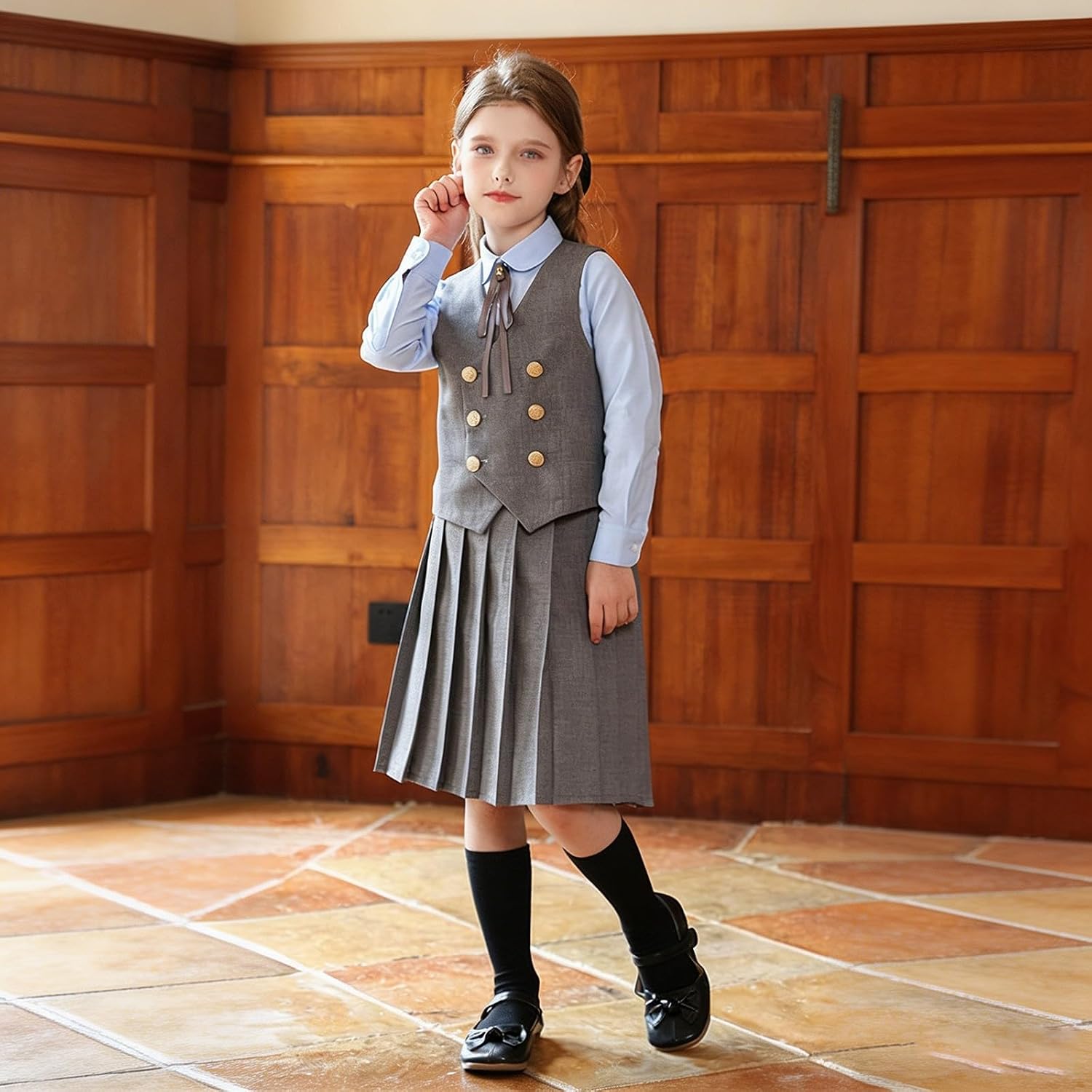 Girls School Uniform Outfit 4 Piece Vest, Shirt, Skirt, and Necktie Sets