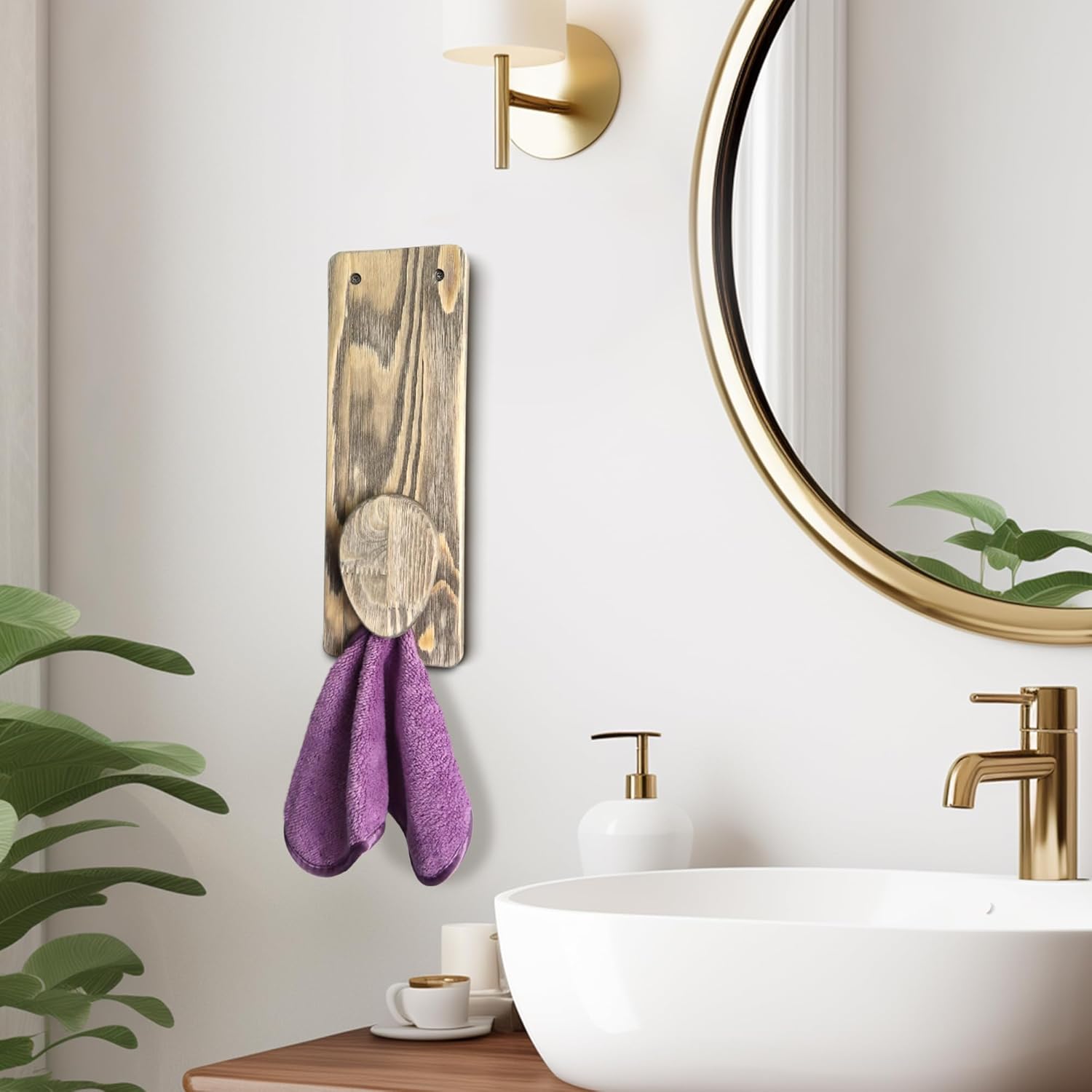 Besuerte Wooden Kitchen Towel Hook, Wall Mounted Wood Towel Holders Set of 2 with Magic Marble, Kitchen Towel Holder Racks Hanger for Kitchen, Bathroom Home Decor,Natural