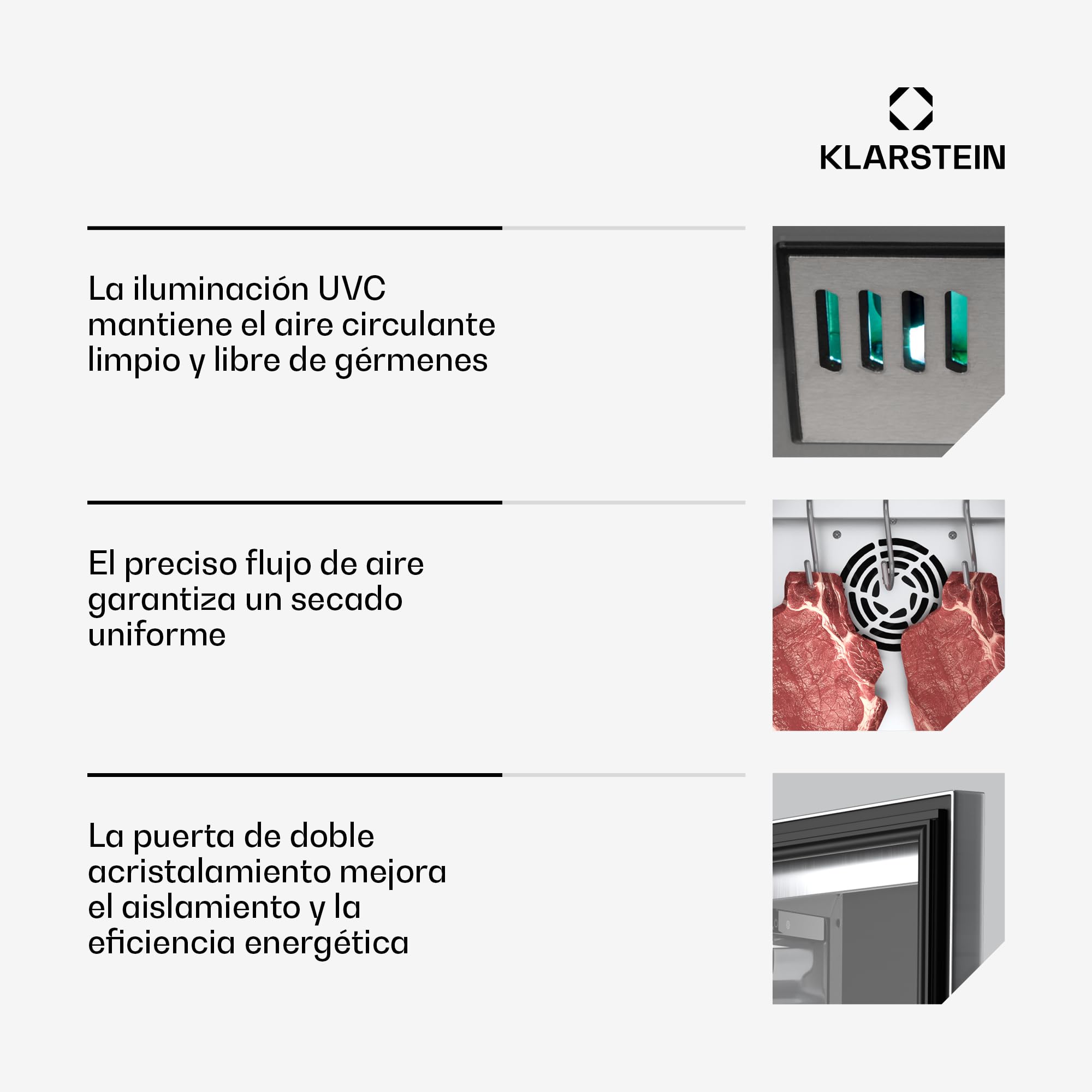 Klarstein Nevera Maduración Carne, 88L, Control de Temperatura y Humedad, Iluminación UVC Antibacteriana, Panel Táctil, Puerta Doble Acristalamiento, Ideal para Casa y Restaurante, Acero Inox