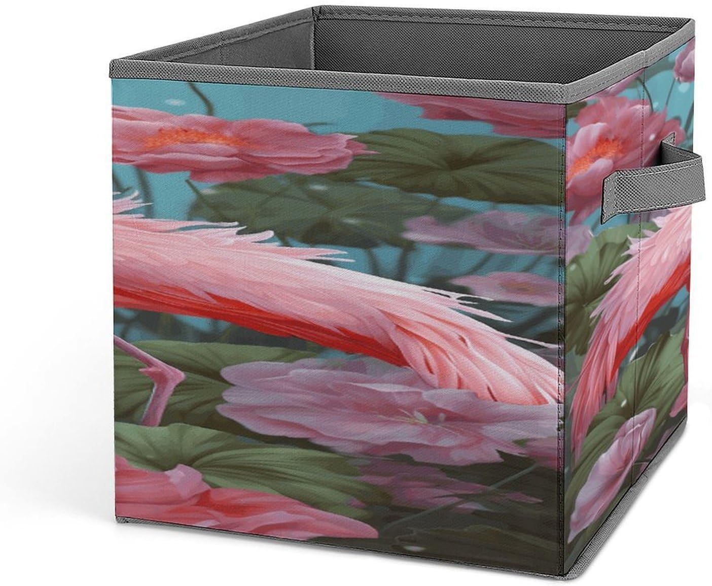 Flamingo Love Flowers Fabric Bins Storage Basket Square Baskets | Storage Bin with Double Handles,Cube Collapsible Organizers for Organization,Closet,Shelves,Offices