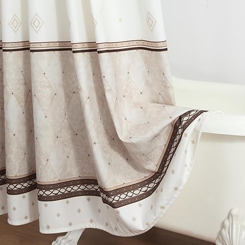 Vista 36 de Cortina de ducha de tela, estampado beige y tostado, cortinas de ducha con patrón de damasco bohemio de cachemira para baño, cortinas de baño Hudson