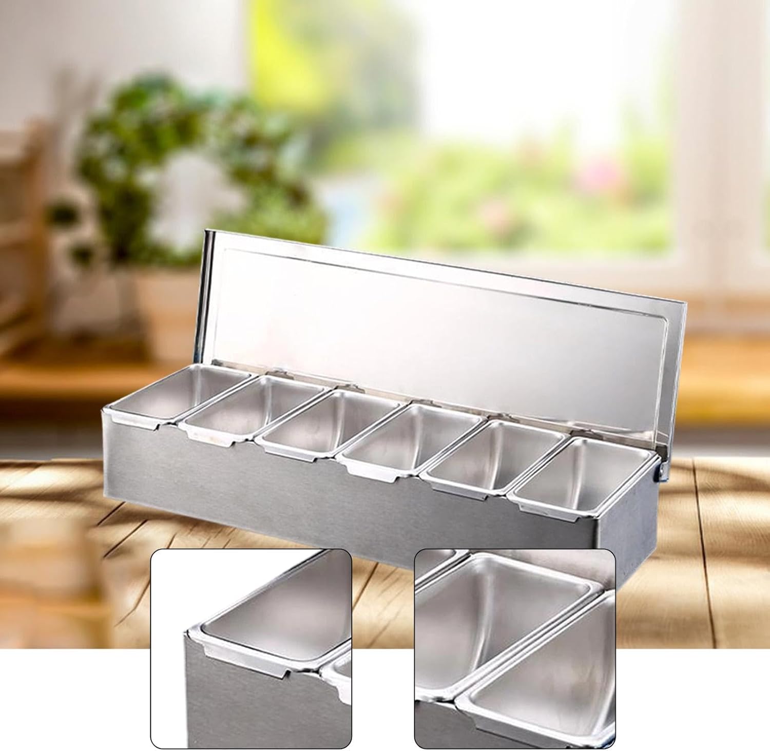Seasoning Jars Stainless Steel Condiment Server Removable Compartments Dustproof Spice Rack Condiment Dispenser for Household, 6 Grids