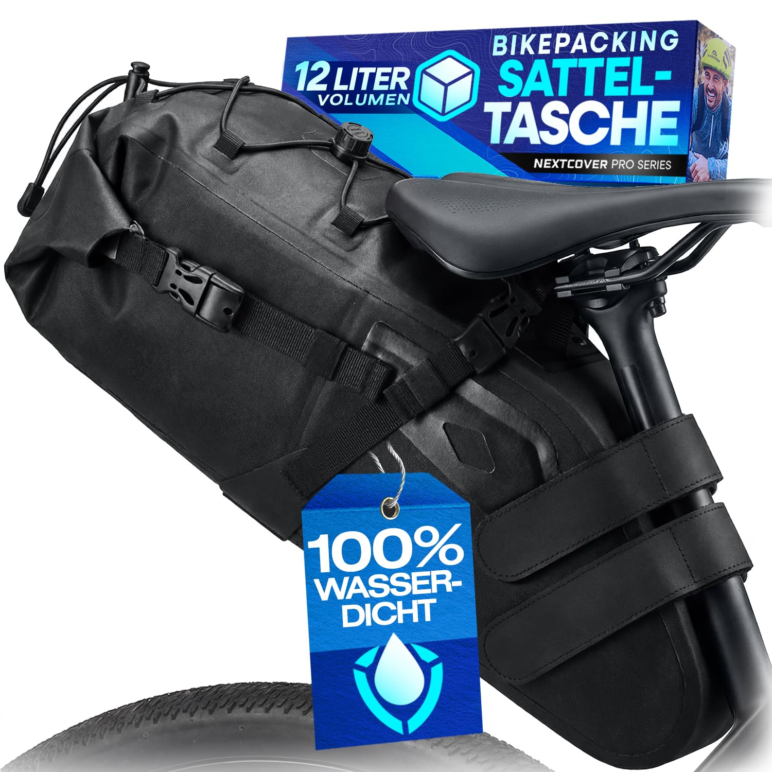 Nextcover® Bikepacking Satteltasche [12 Liter] I Fahrradtasche Sattel I 100% Wasserdicht Dank AquaShield-TPU I Satteltasche für Fahrrad, Bikepacking Taschen für Gravelbike, Rennrad, MTB