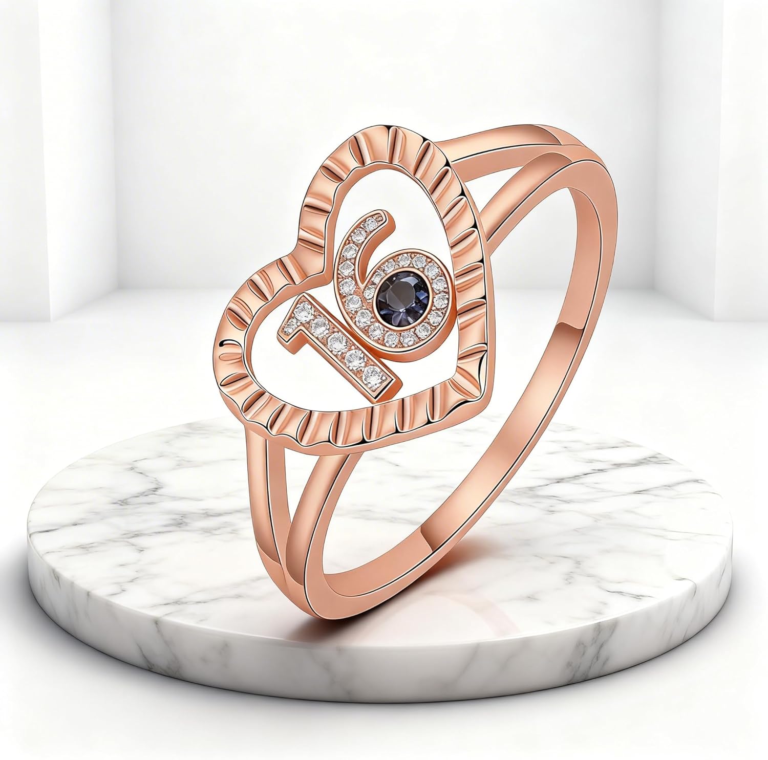 Personalized Sweet 16 Birthstone Rings Engraved Name 16th Birthday Heart Ring Birthday Gift for Women Daughter