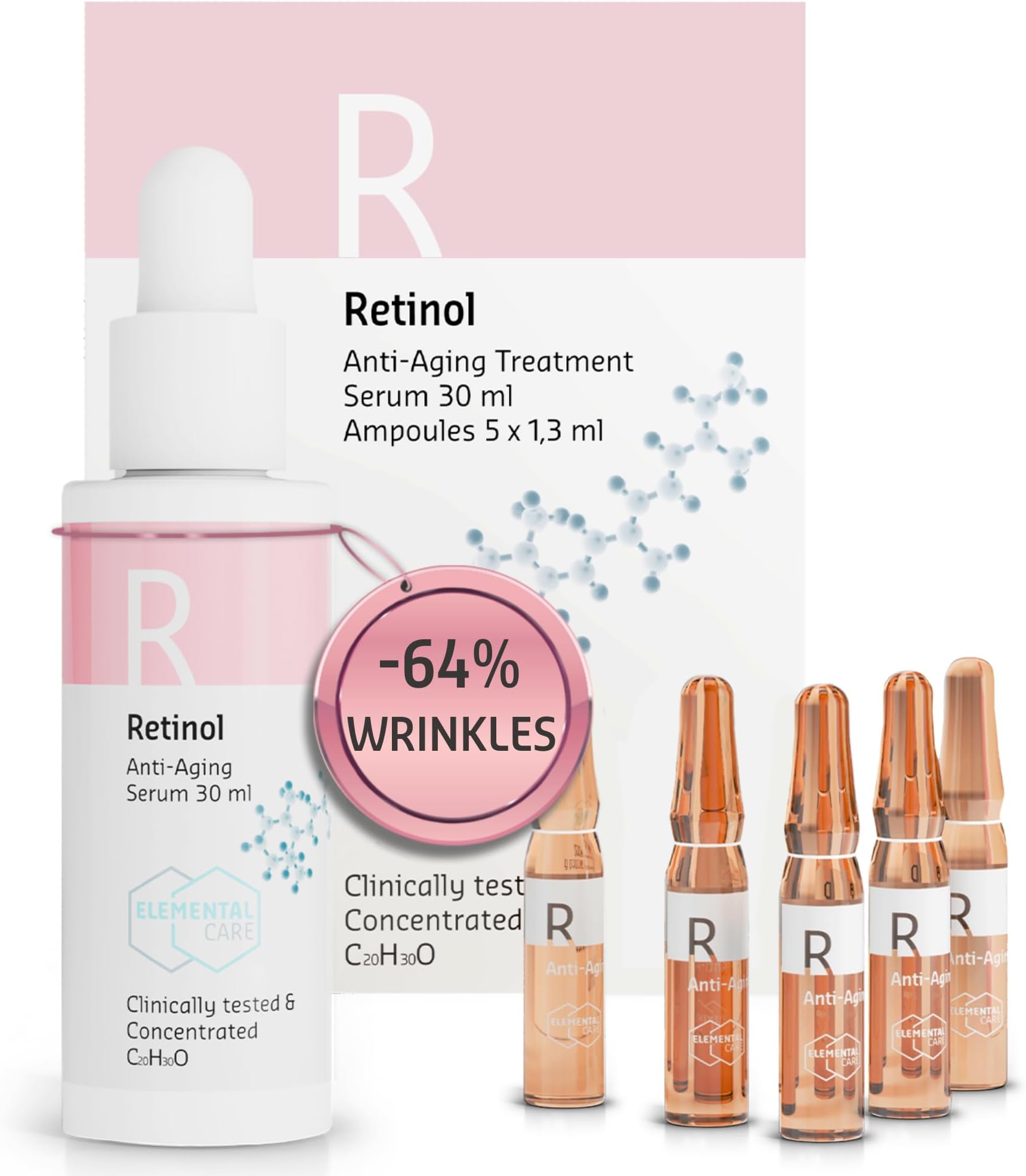 Elemental Care Anti-Aging Facial Treatment Set – Retinol Face Serum 30ml + 5 x 1.3ml Ampoules – Intensive Hydrating & Lifting Care for Mature Skin