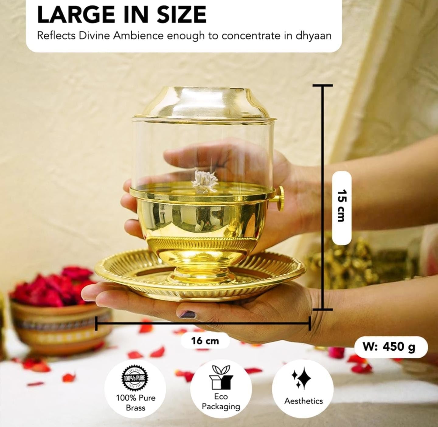 Pure Brass Akhand Jyot Diya with Glass Cover and Attached Plate – 48-Hour Long Burning Oil Lamp for Puja, Aarti, Temple, Meditation – 250ml Capacity, Adjustable Wick, Gold Finish Mandir Decor - Medium