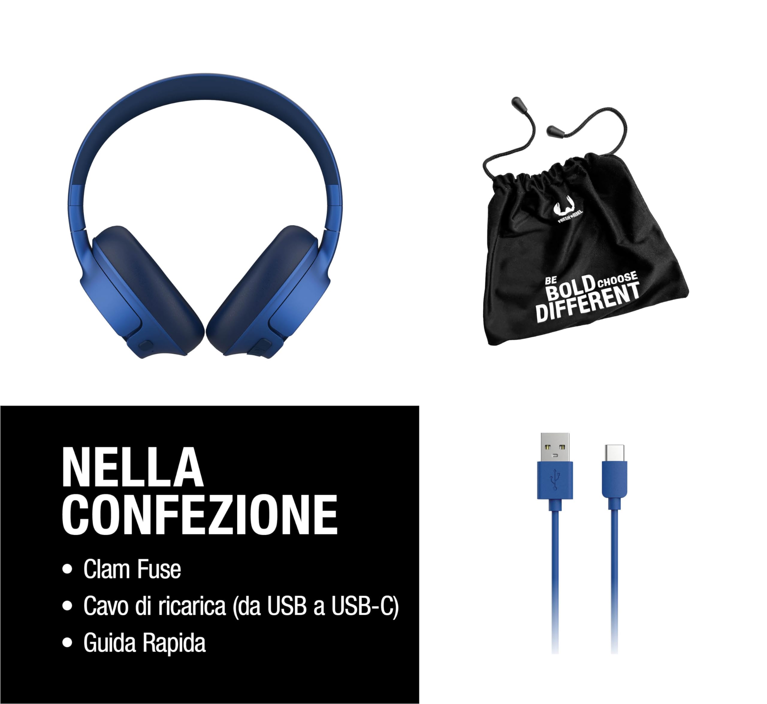 Fresh 'n Rebel Clam Fuse Cuffie Bluetooth Over Ear con Cancellazione Attiva del Rumore Ibrida, con Microfono ENC (chiamate perfette), Modalità rumore ambientale, 45h di Autonomia, Senza Fili (Blu)