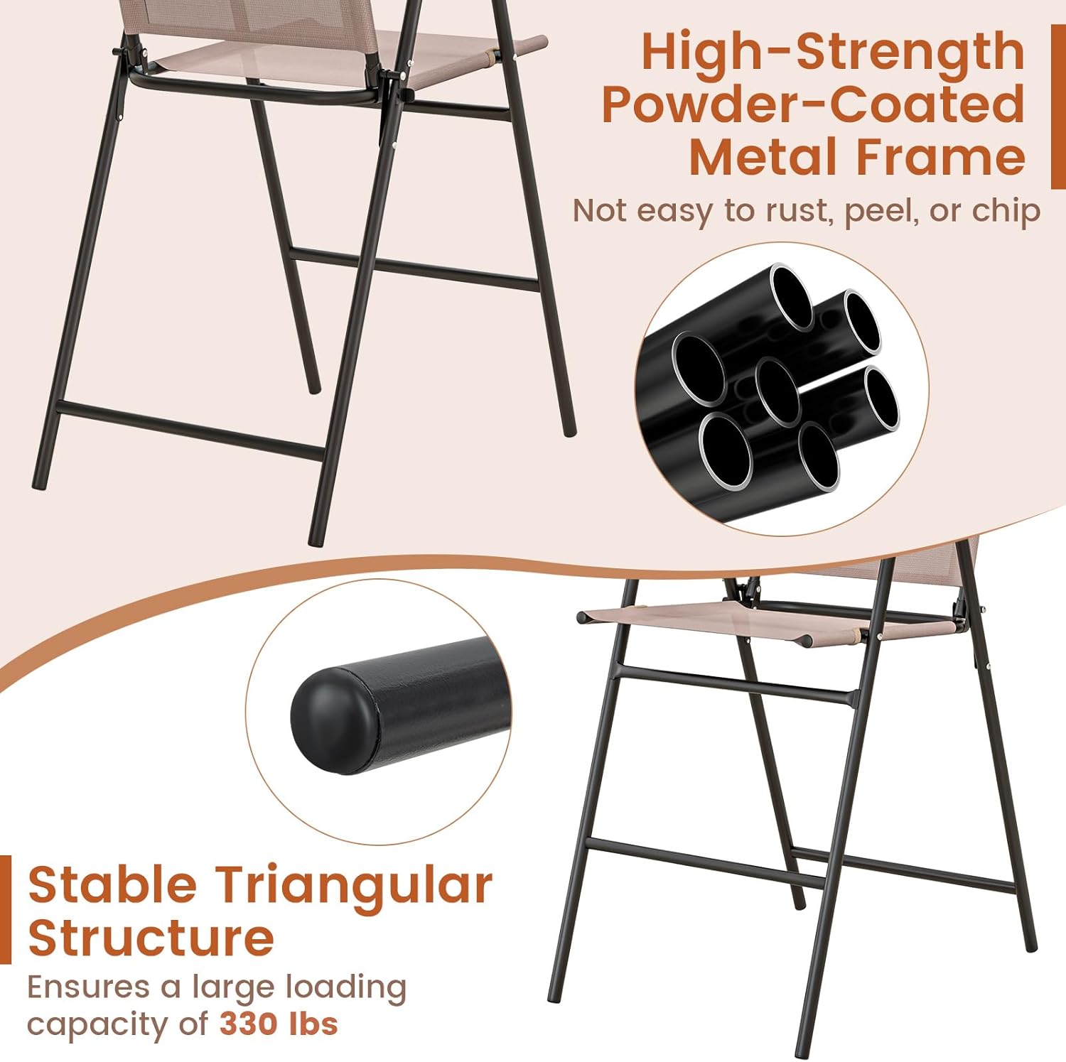 Tangkula Outdoor Folding Bar Stools Set of 2, Patio Dining Chairs with Breathable Fabric & Metal Frame, Outdoor Bar-Height Stools with Armrests, Portable Bar Chairs for Backyard Poolside Balcony