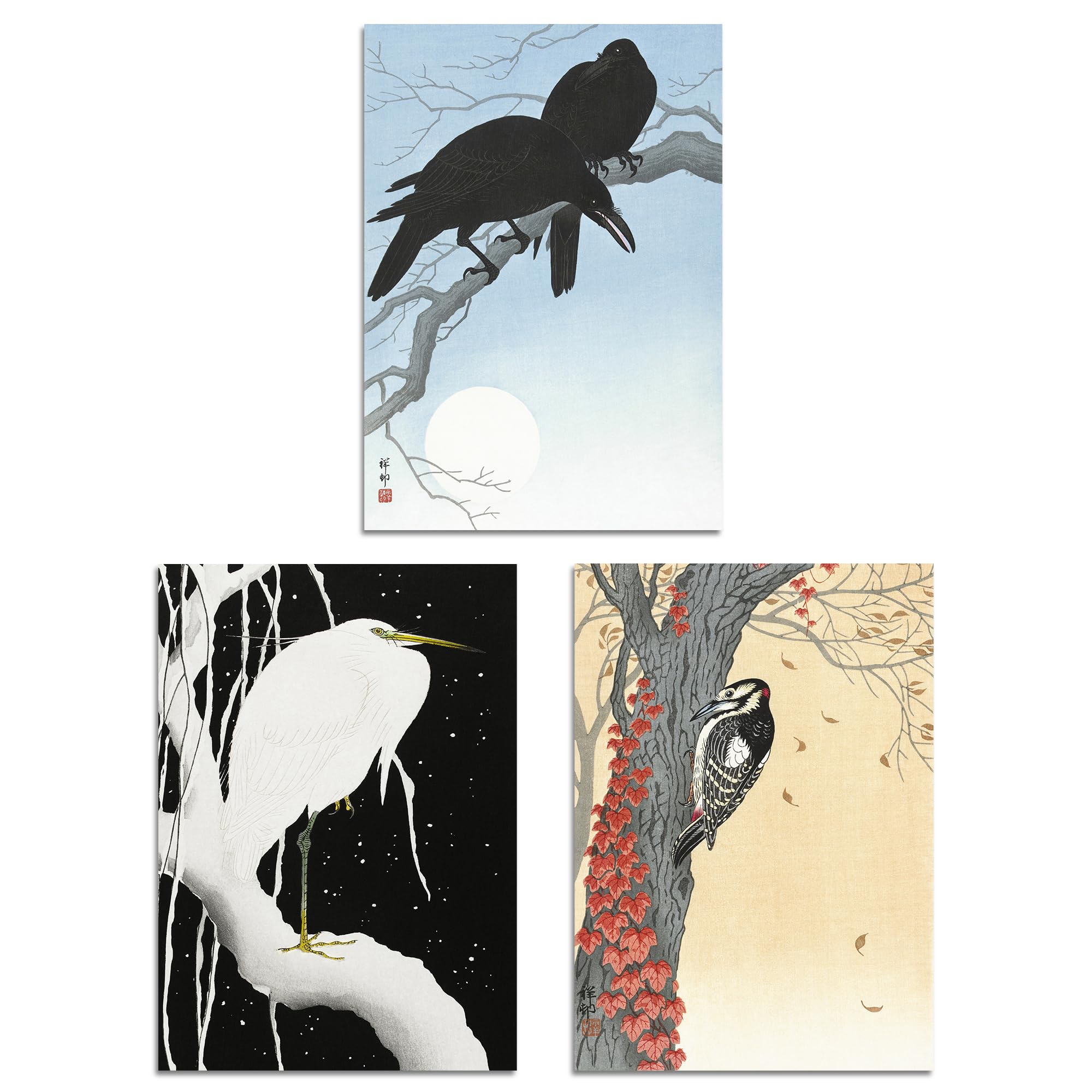 Artery8 Set of 3 Ohara Koson Birds Japanese Nature Beige Blue Wall Art Prints A4 Size Living Room Decor